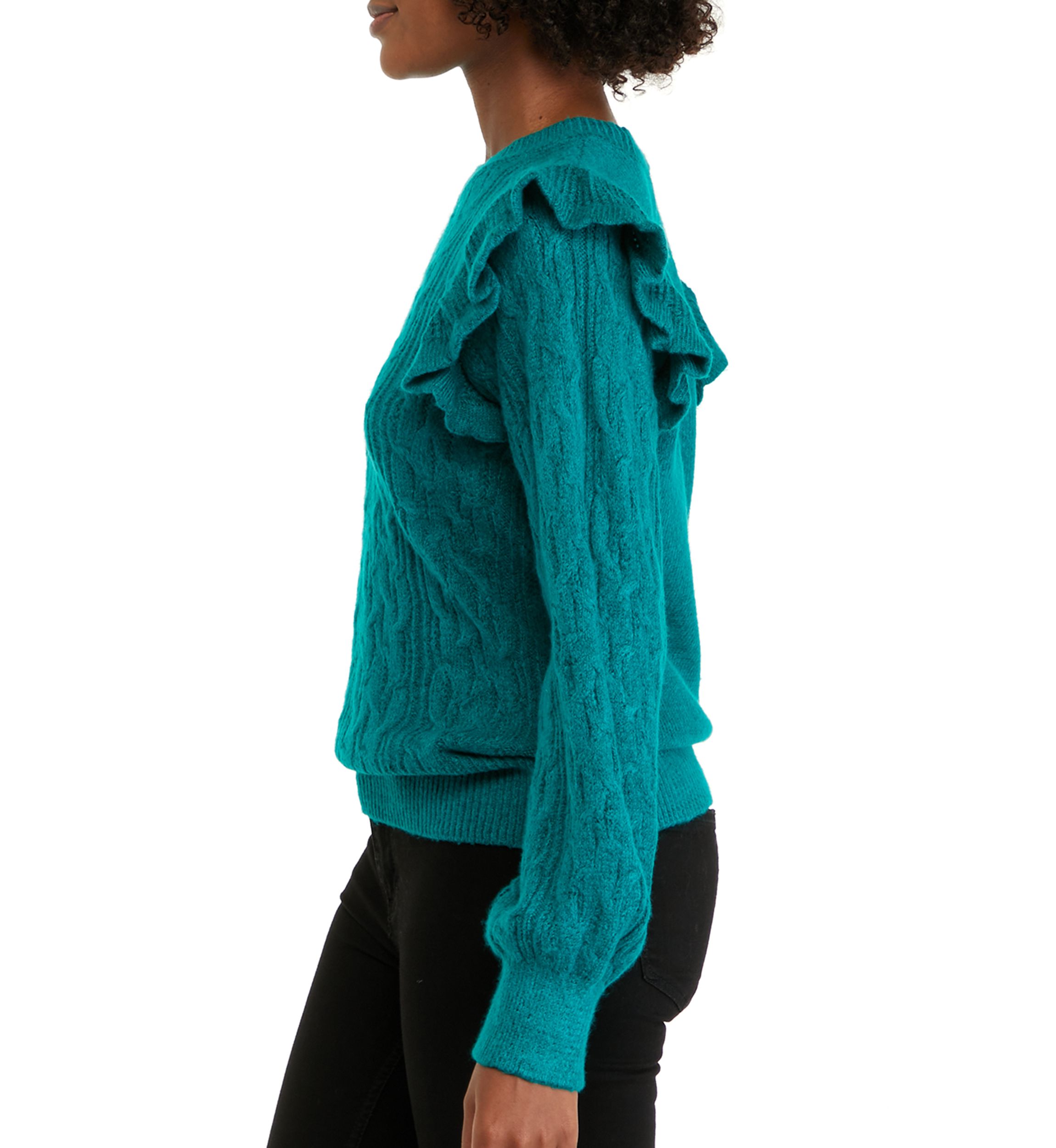Womens Long Sleeve Ruffle Cable Knit Solid Sweater