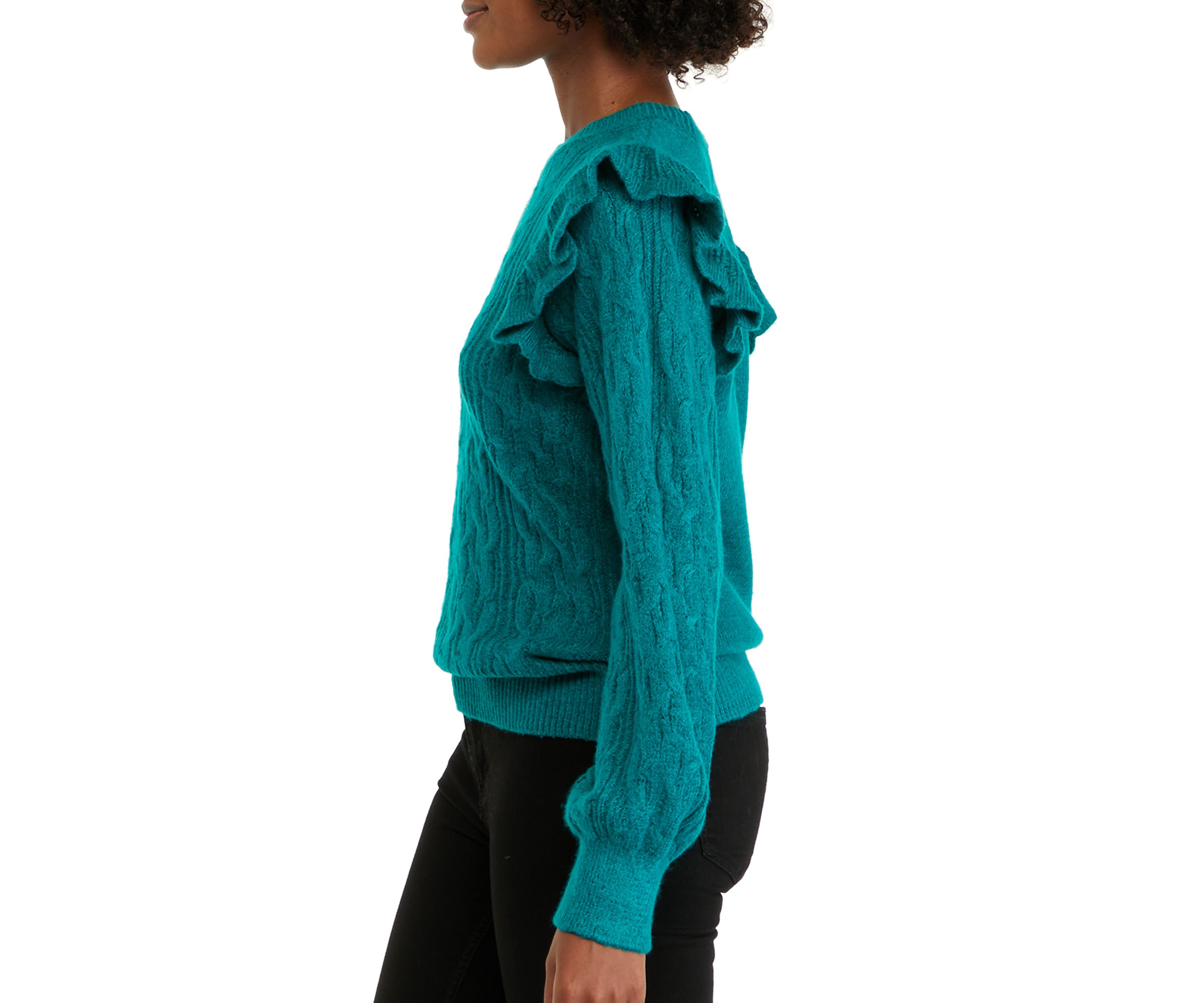 Womens Long Sleeve Ruffle Cable Knit Solid Sweater