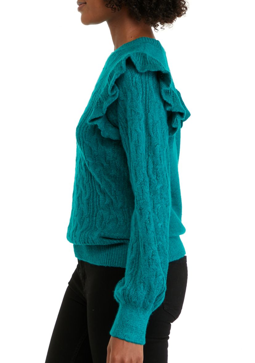 Womens Long Sleeve Ruffle Cable Knit Solid Sweater