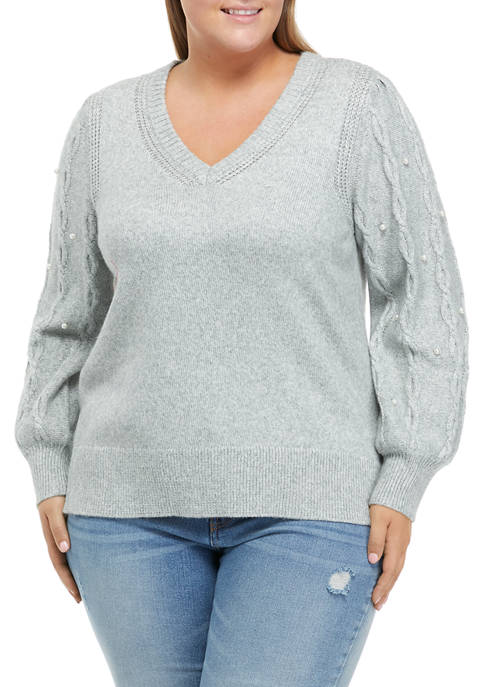   Plus Size Pearl Balloon Sleeve V-Neck Sweater 