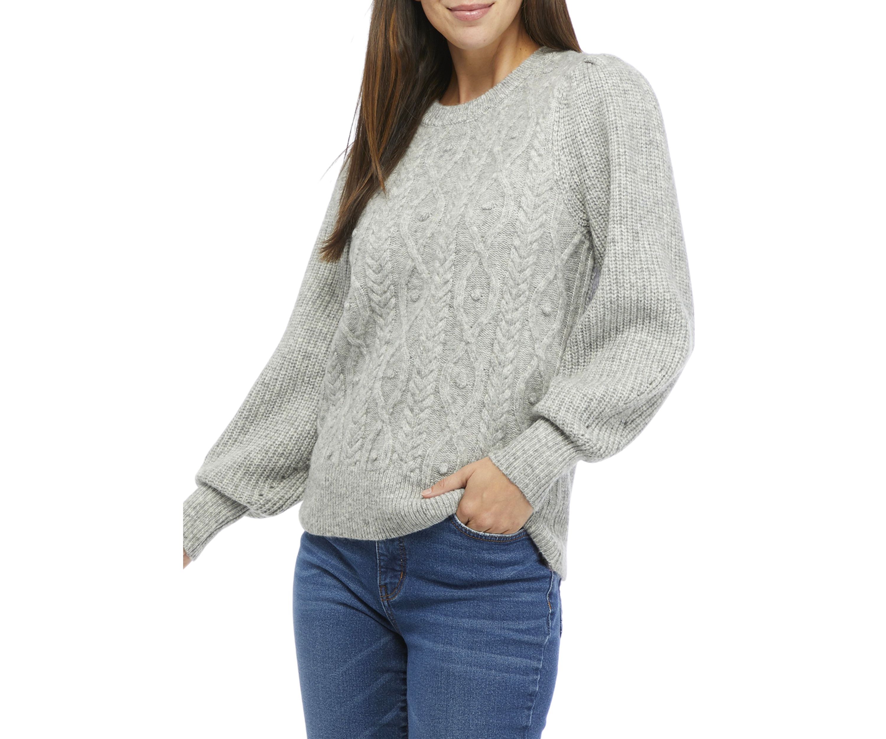 Womens Balloon Sleeve Cable Knit Sweater 