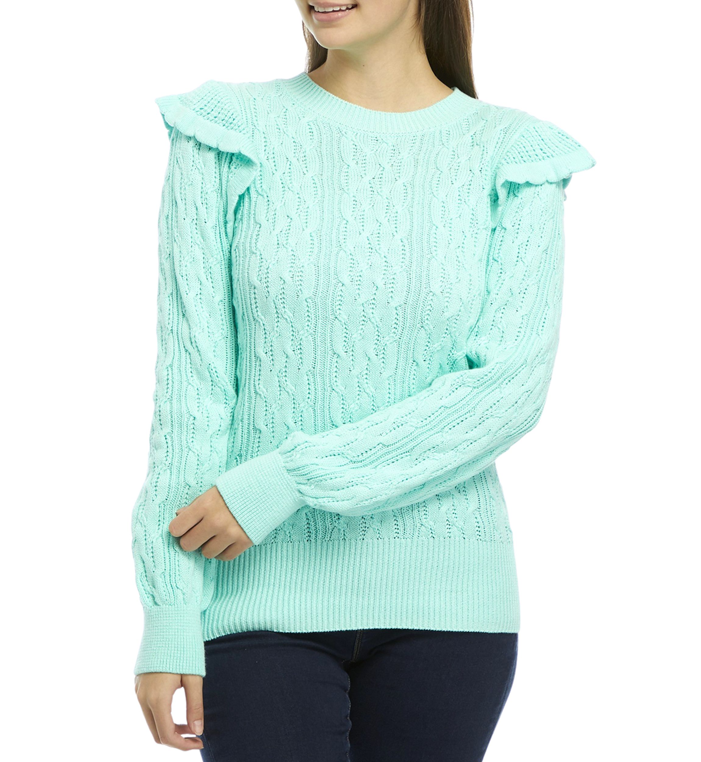Womens Balloon Sleeve Shoulder Ruffle Sweater 