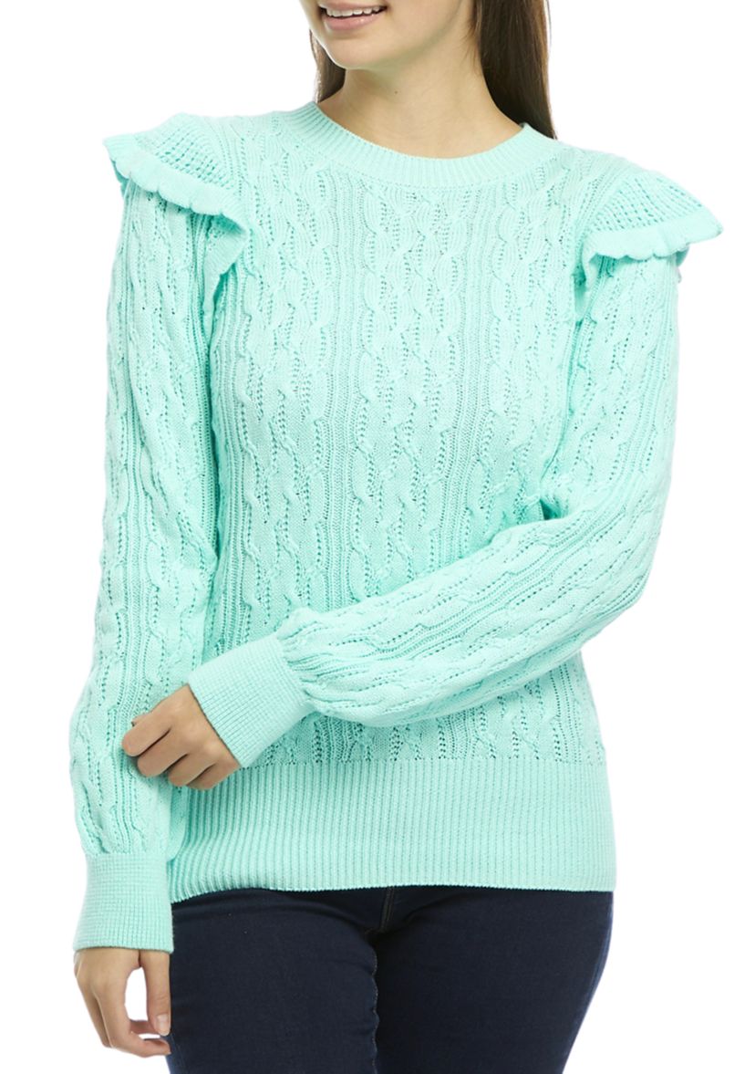 Womens Balloon Sleeve Shoulder Ruffle Sweater 