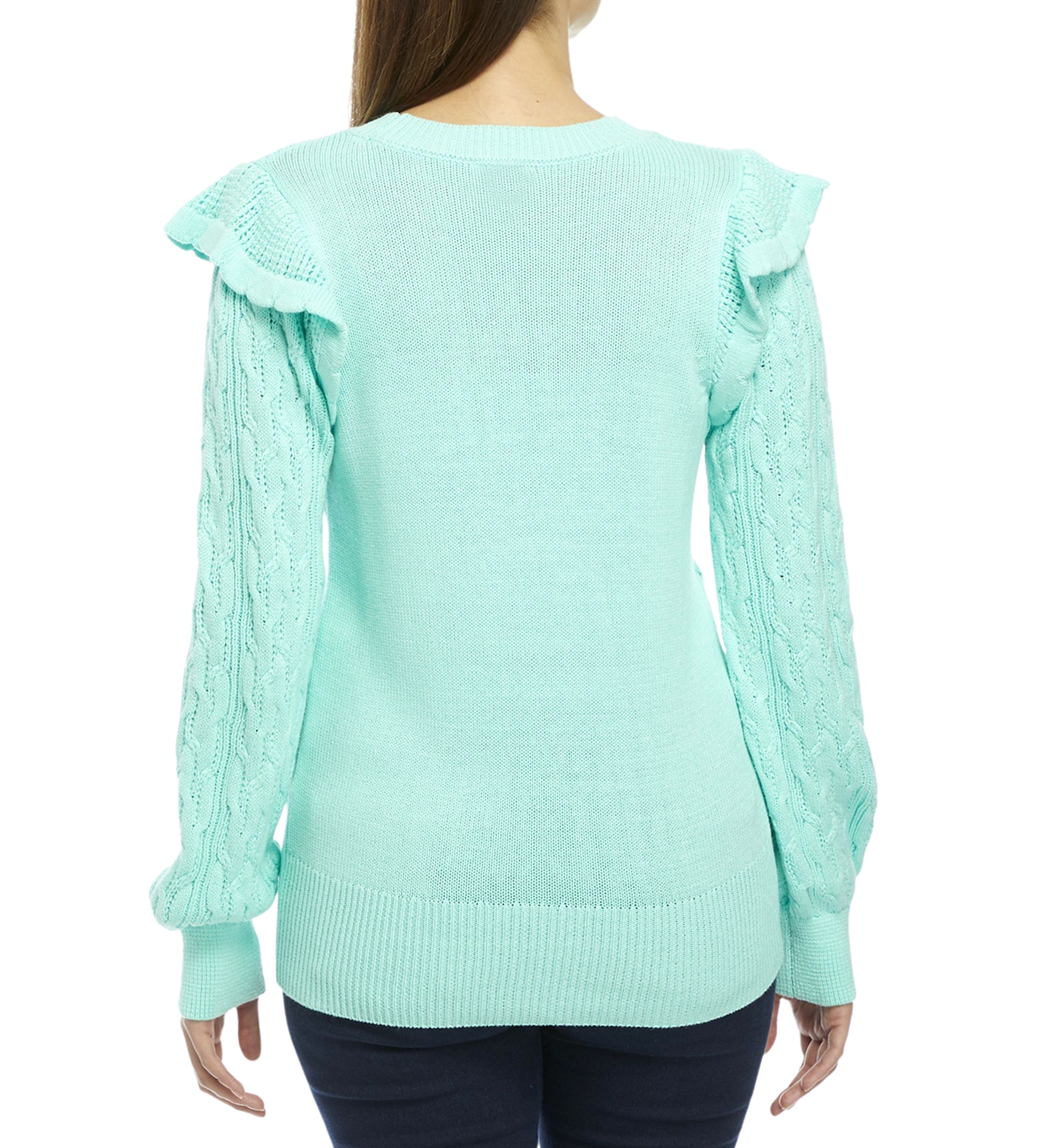 Womens Balloon Sleeve Shoulder Ruffle Sweater 