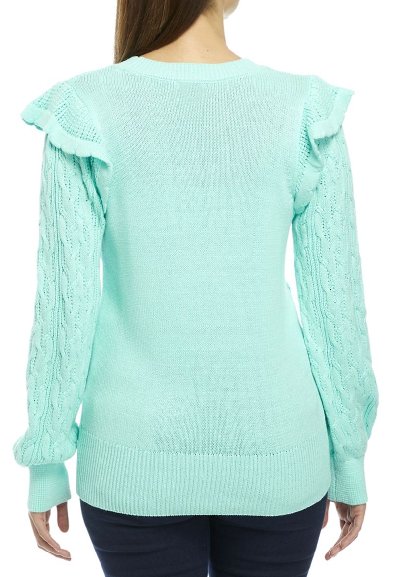Womens Balloon Sleeve Shoulder Ruffle Sweater 