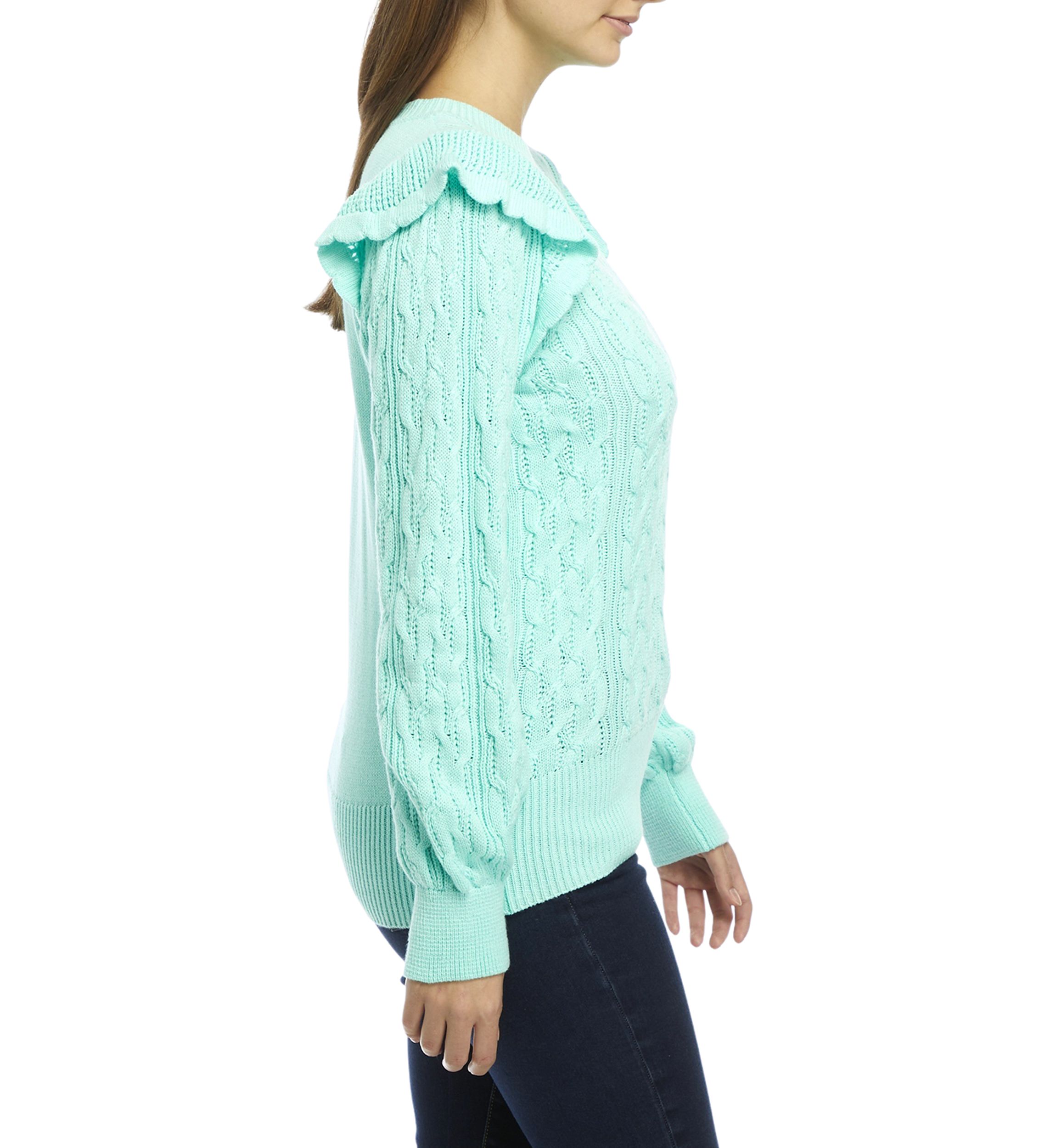 Womens Balloon Sleeve Shoulder Ruffle Sweater 