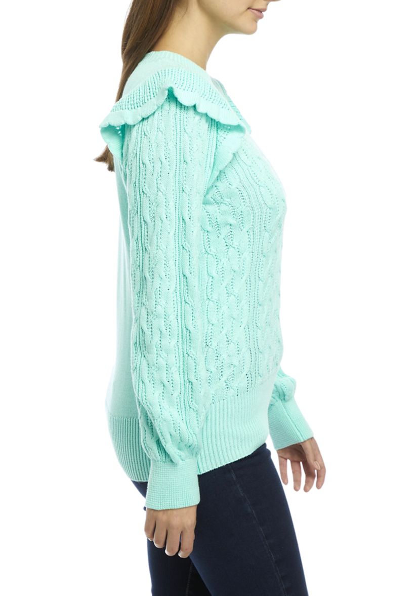 Womens Balloon Sleeve Shoulder Ruffle Sweater 