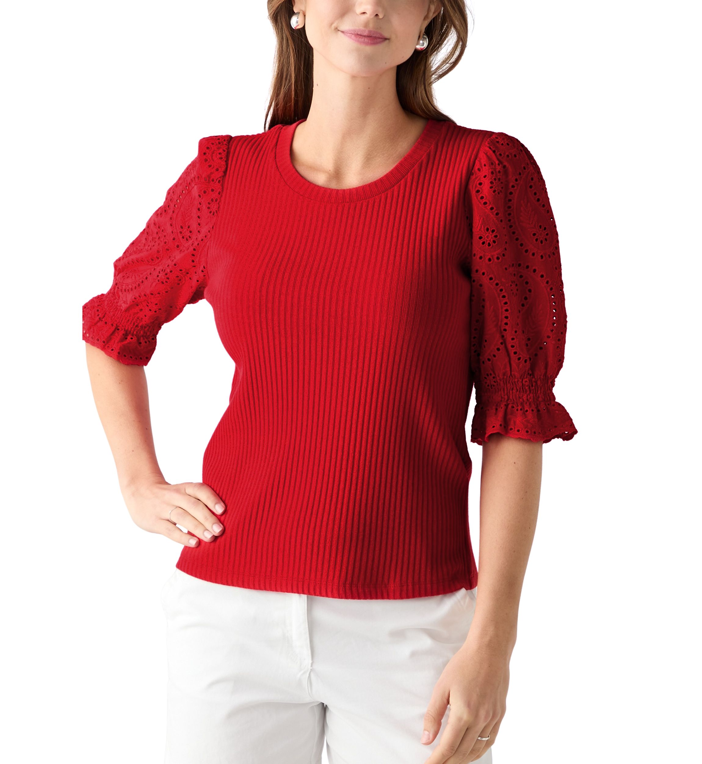 Womens Elbow Sleeve Ribbed Eyelet Top