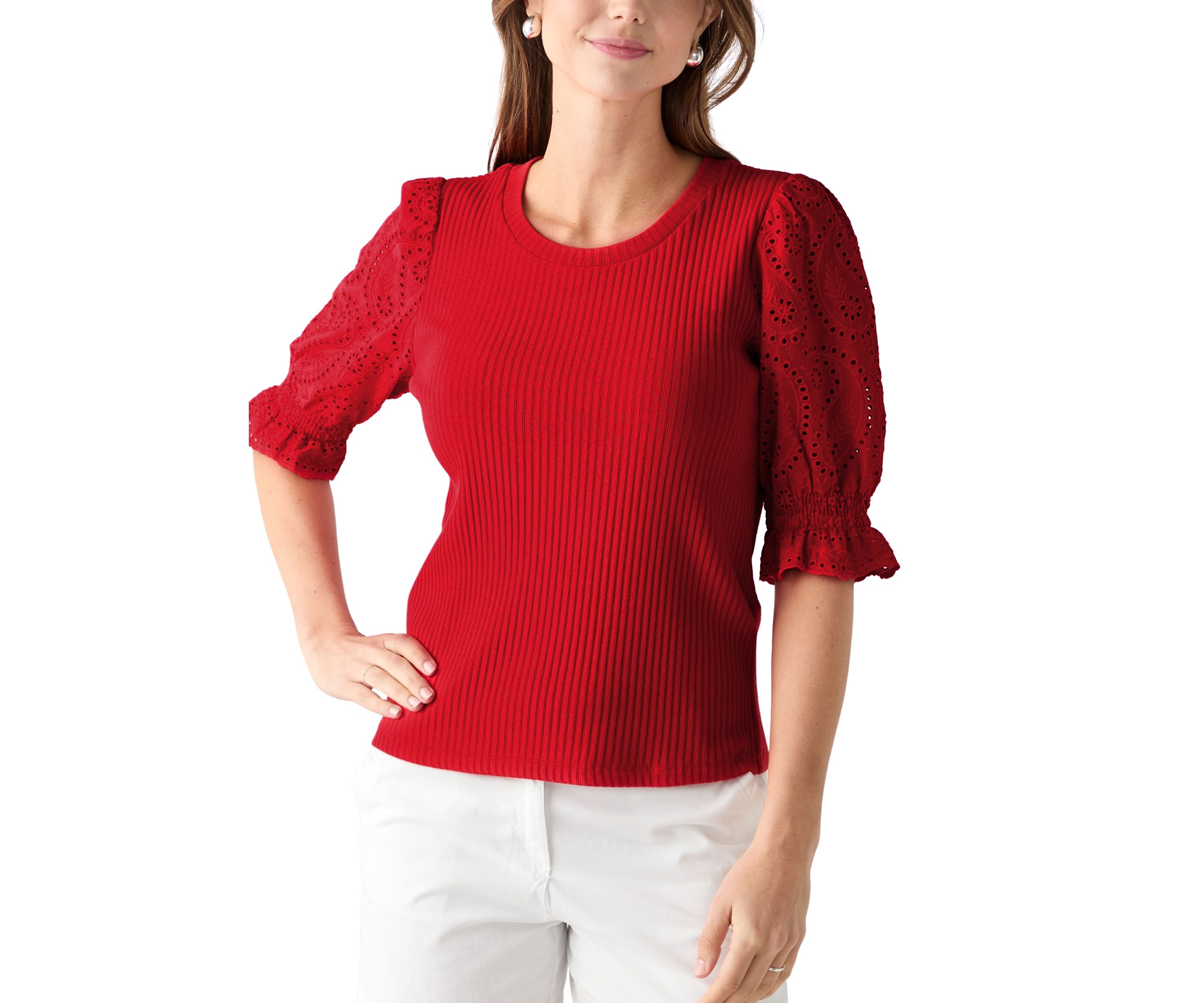 Womens Elbow Sleeve Ribbed Eyelet Top