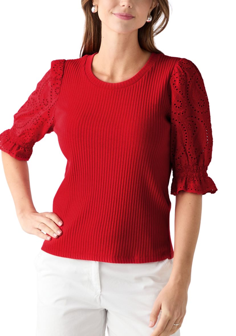 Womens Elbow Sleeve Ribbed Eyelet Top