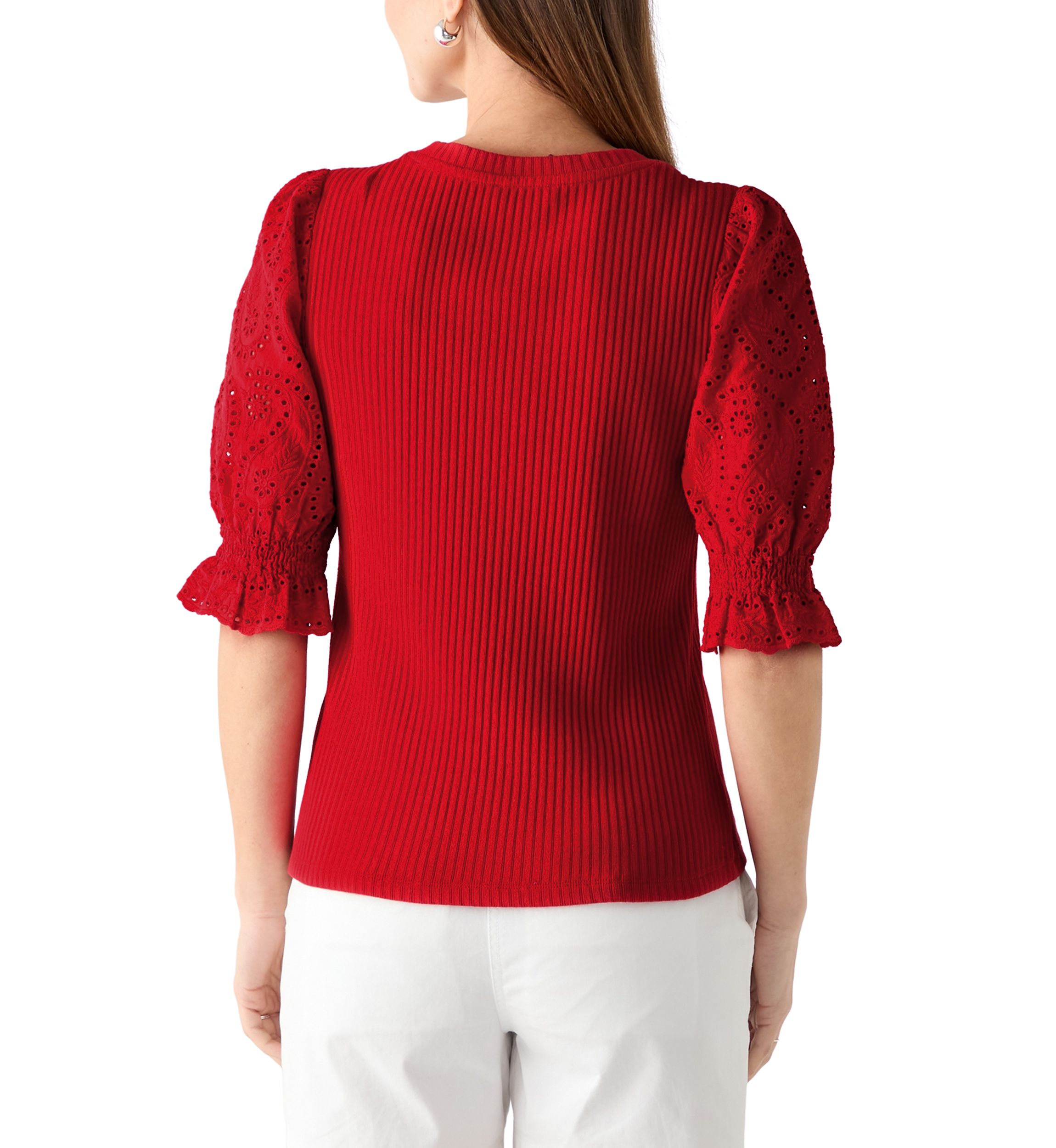 Womens Elbow Sleeve Ribbed Eyelet Top