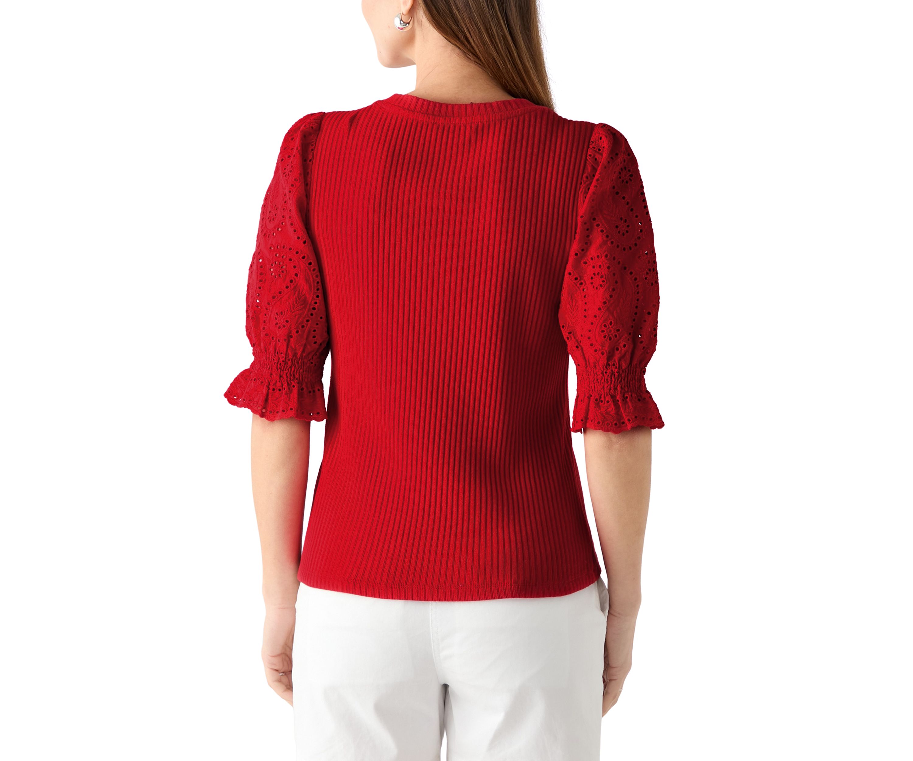 Womens Elbow Sleeve Ribbed Eyelet Top