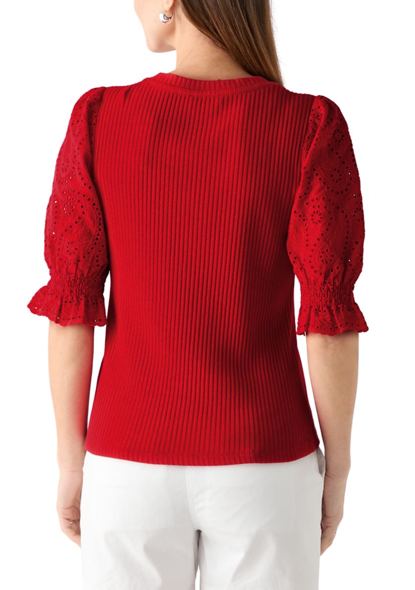Womens Elbow Sleeve Ribbed Eyelet Top