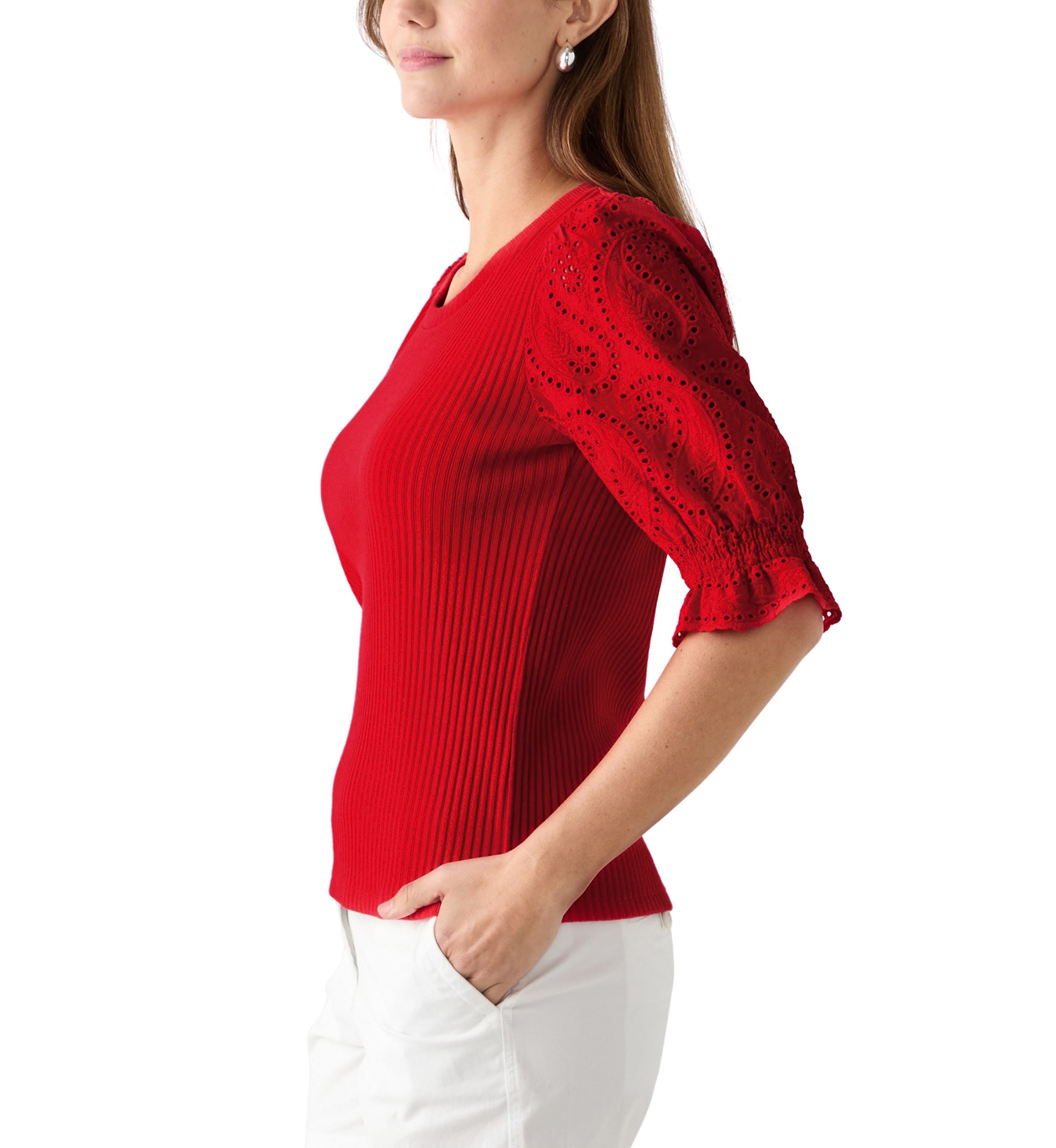 Womens Elbow Sleeve Ribbed Eyelet Top