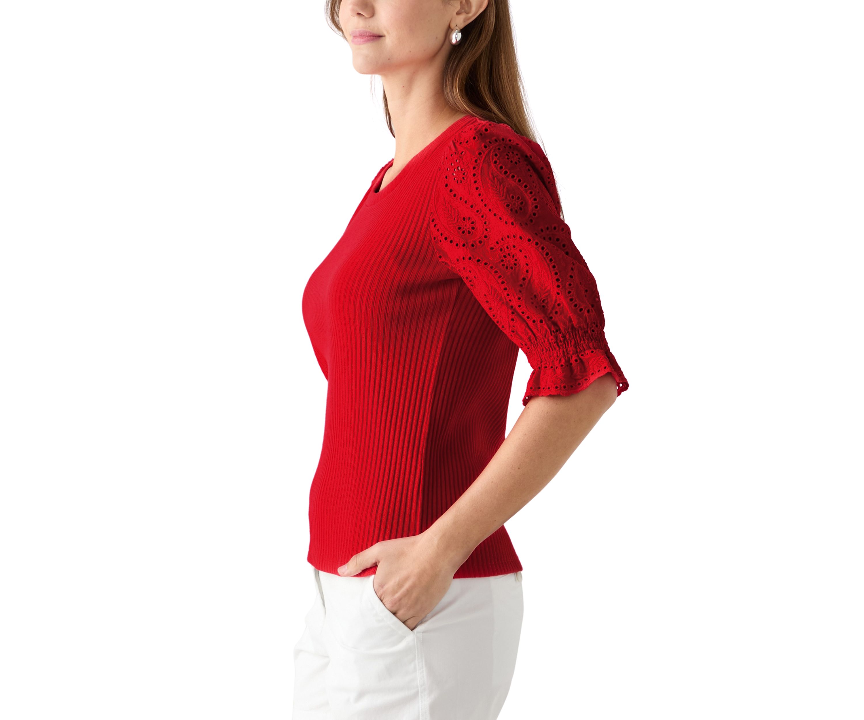 Womens Elbow Sleeve Ribbed Eyelet Top