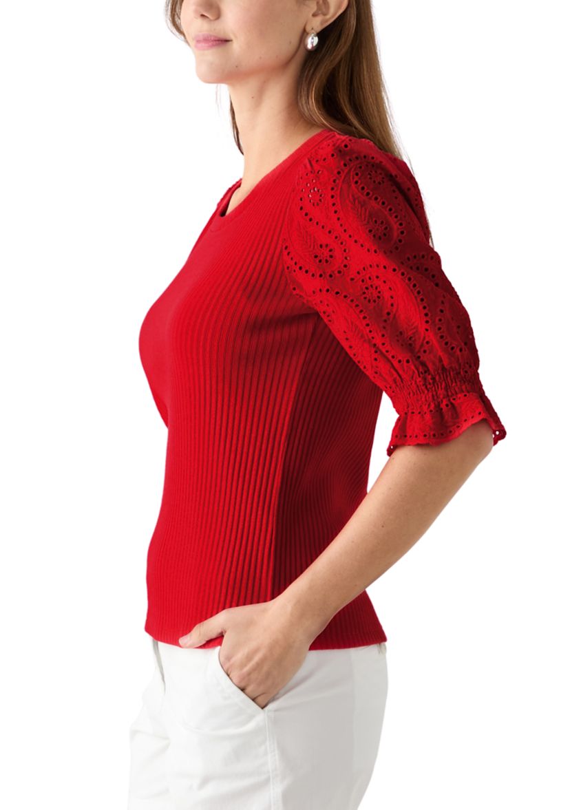 Womens Elbow Sleeve Ribbed Eyelet Top