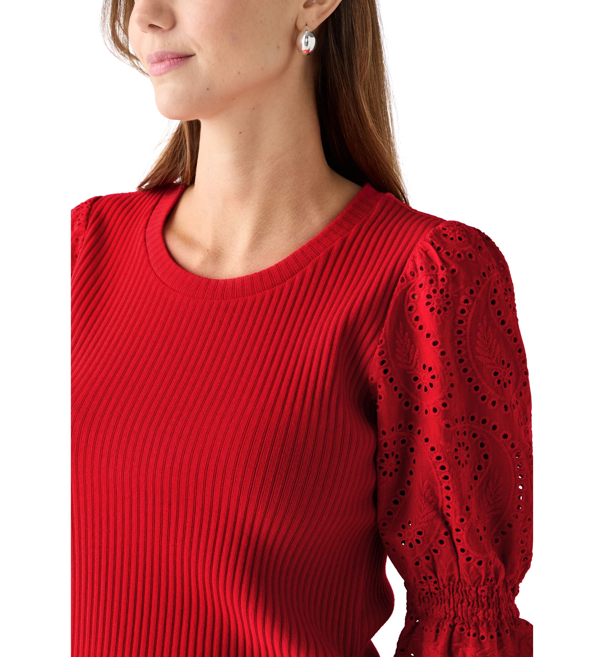 Womens Elbow Sleeve Ribbed Eyelet Top