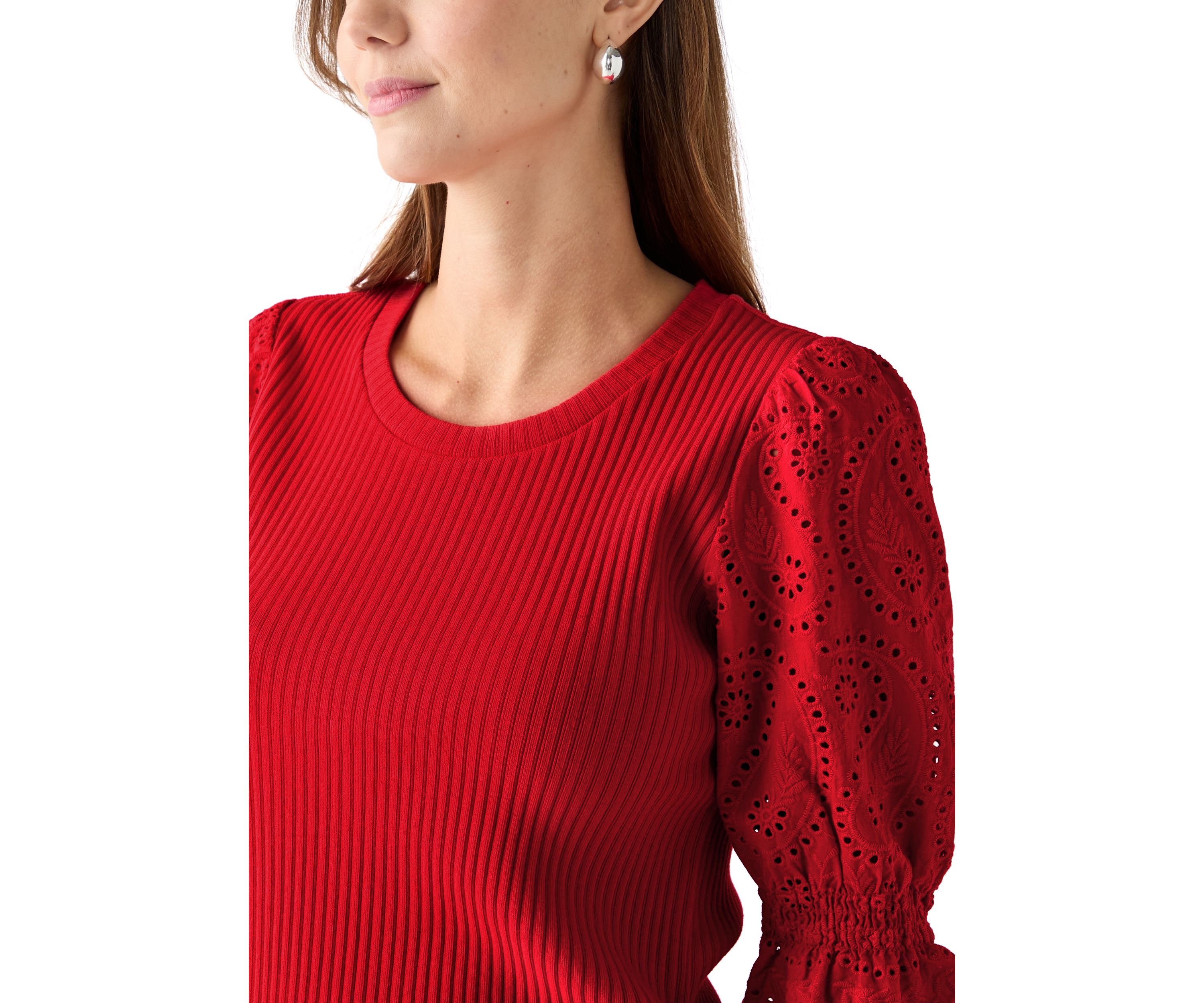 Womens Elbow Sleeve Ribbed Eyelet Top