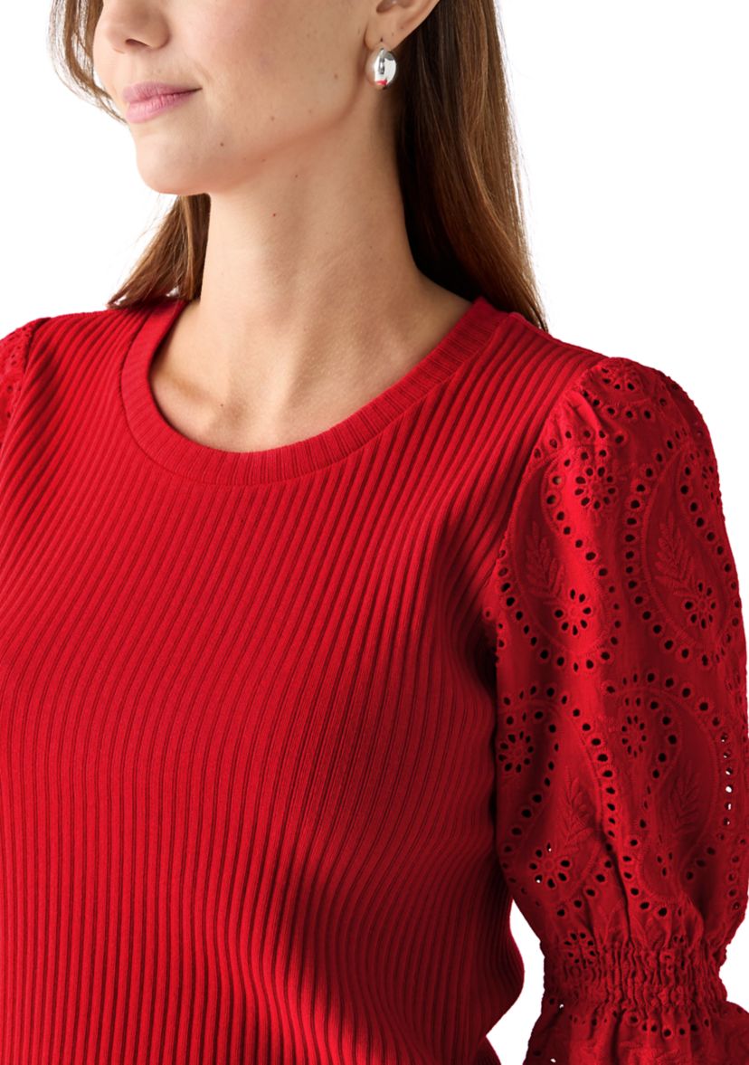 Womens Elbow Sleeve Ribbed Eyelet Top