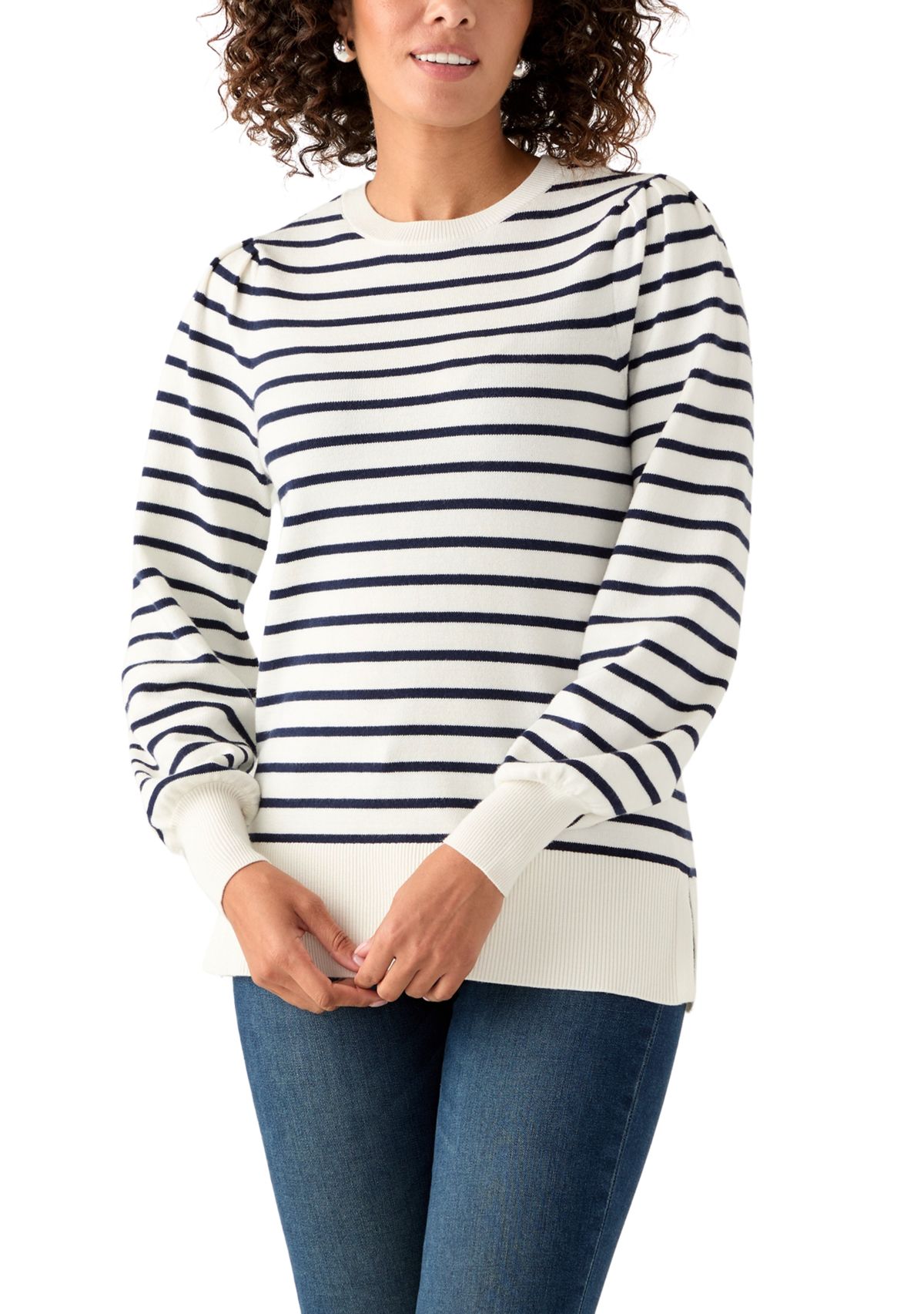Womens Puff Sleeve Striped Crew Sweater 