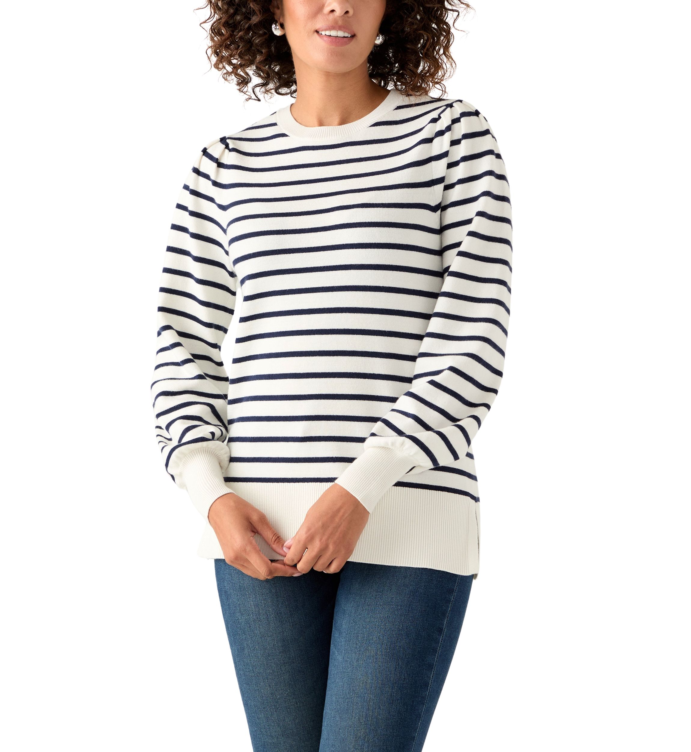 Womens Puff Sleeve Striped Crew Sweater 