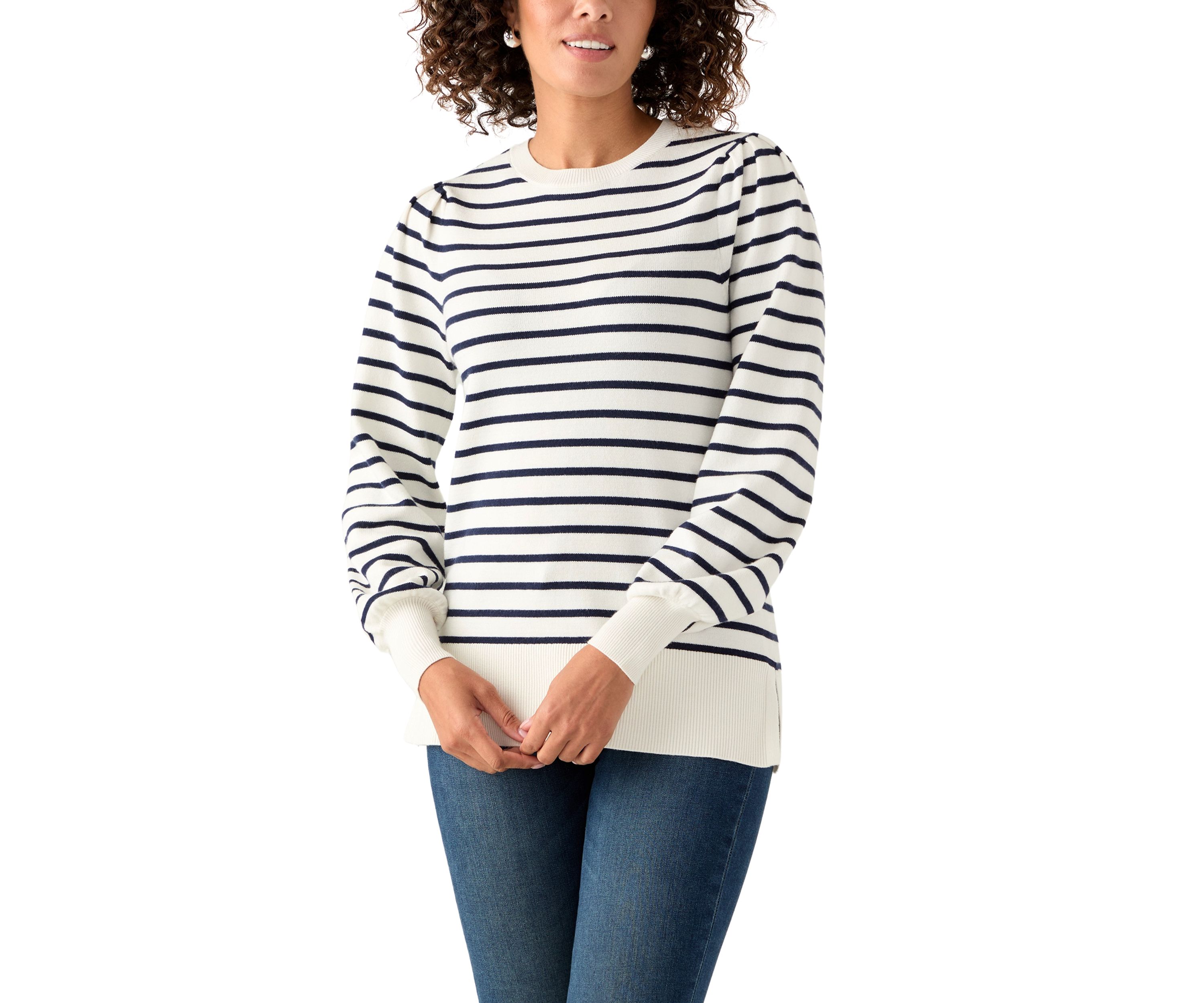 Womens Puff Sleeve Striped Crew Sweater 