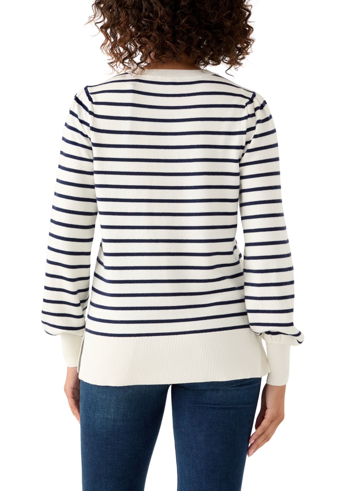 Womens Puff Sleeve Striped Crew Sweater 