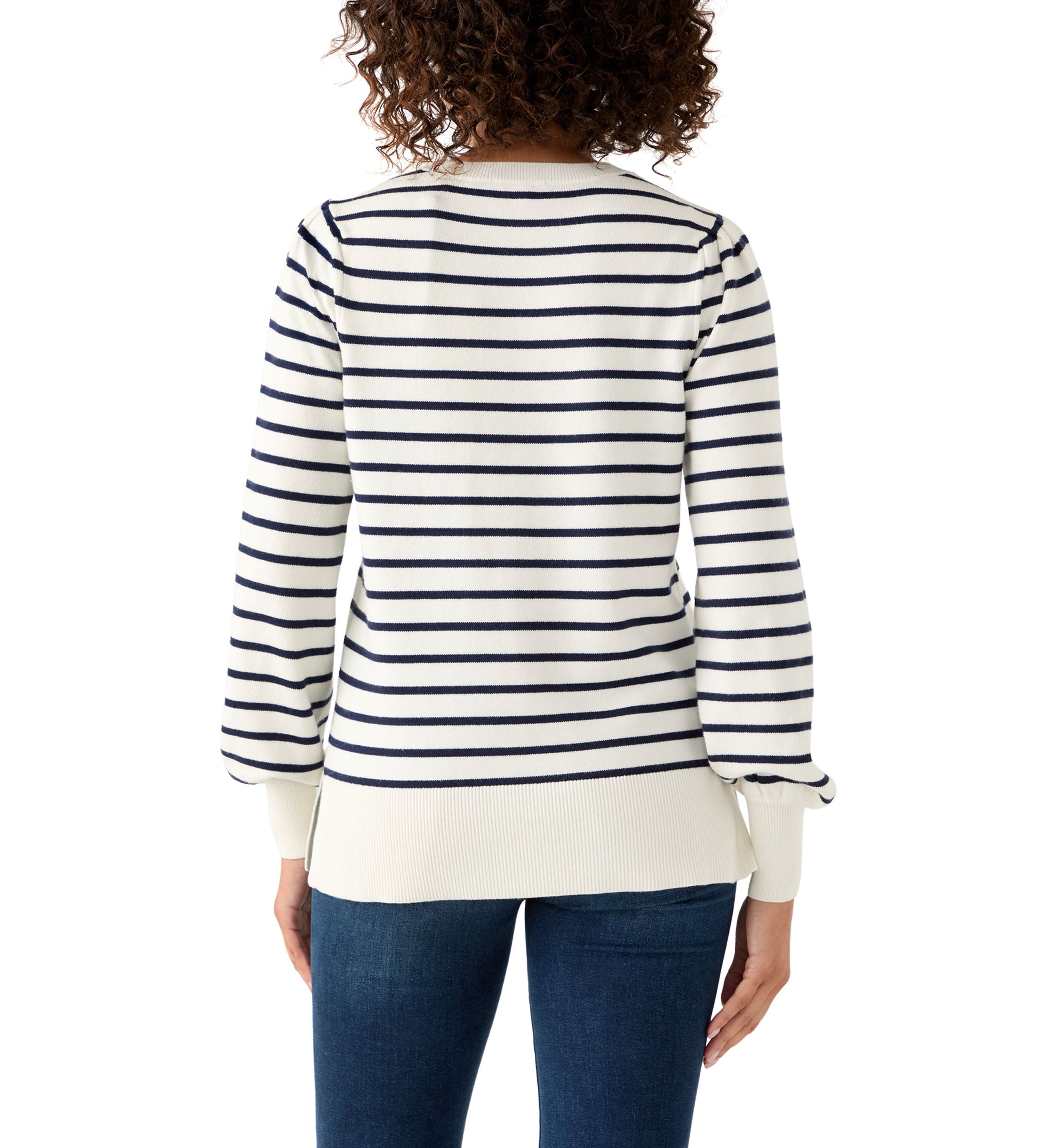 Womens Puff Sleeve Striped Crew Sweater 