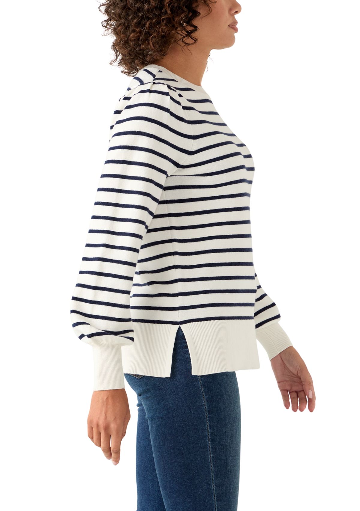 Womens Puff Sleeve Striped Crew Sweater 