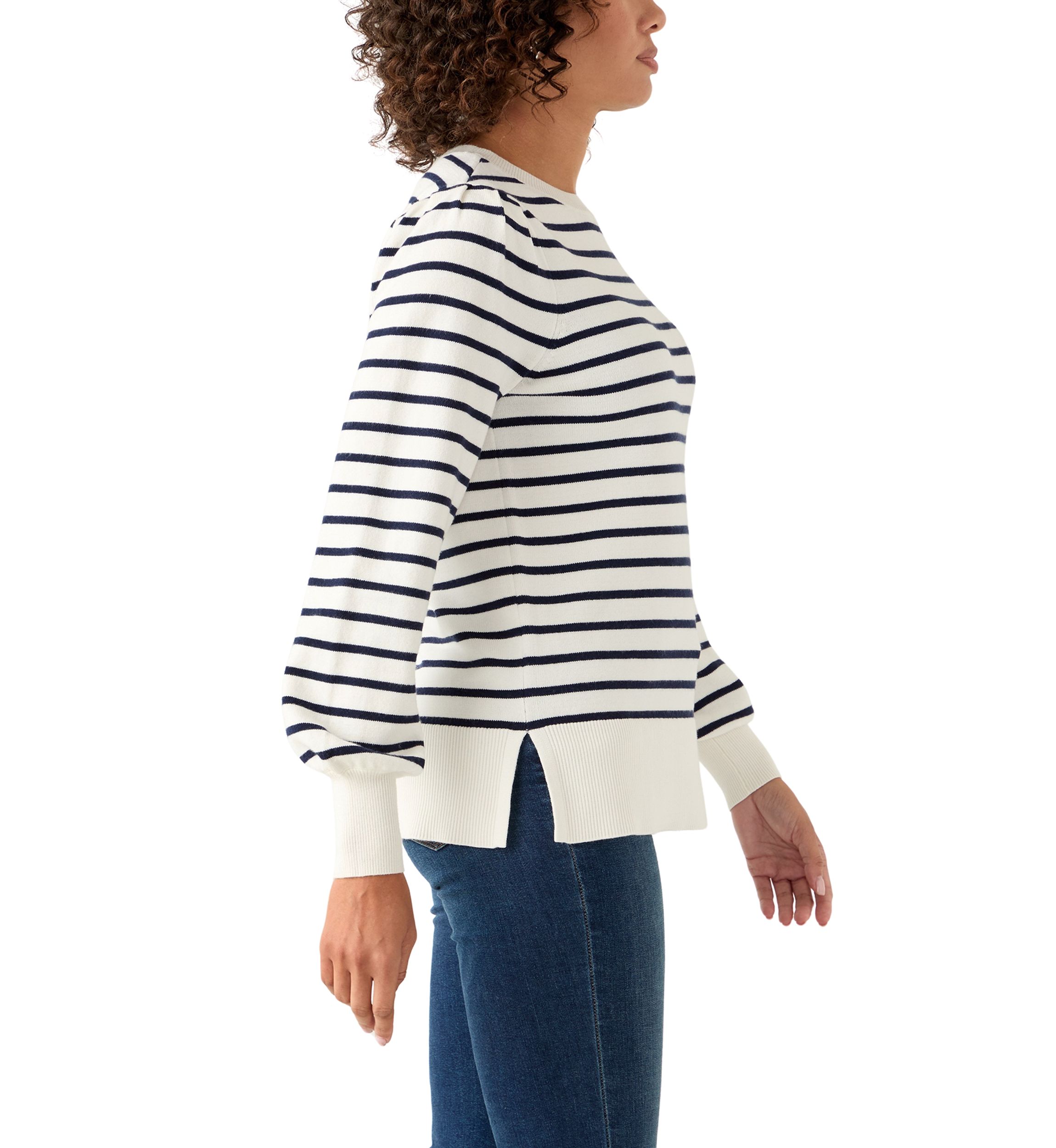 Womens Puff Sleeve Striped Crew Sweater 