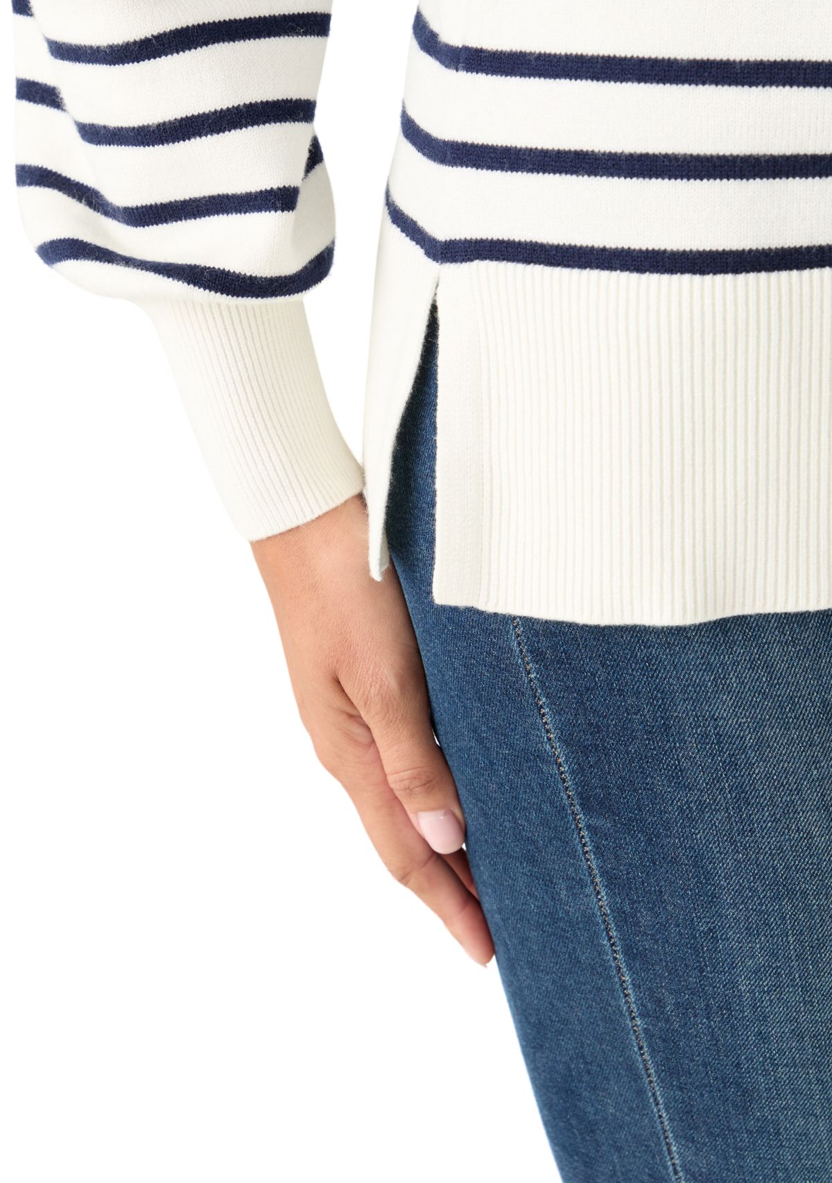 Womens Puff Sleeve Striped Crew Sweater 