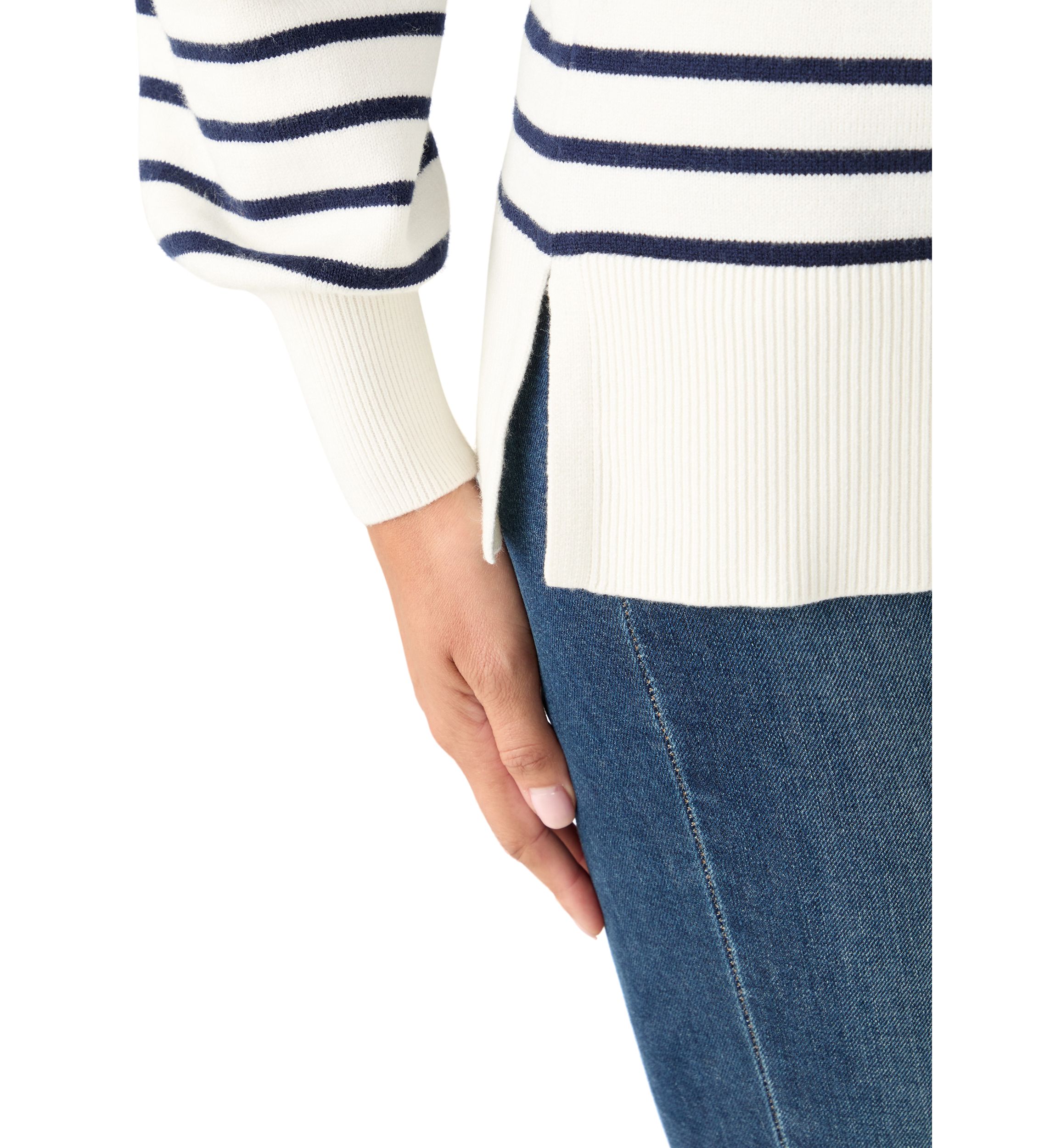 Womens Puff Sleeve Striped Crew Sweater 