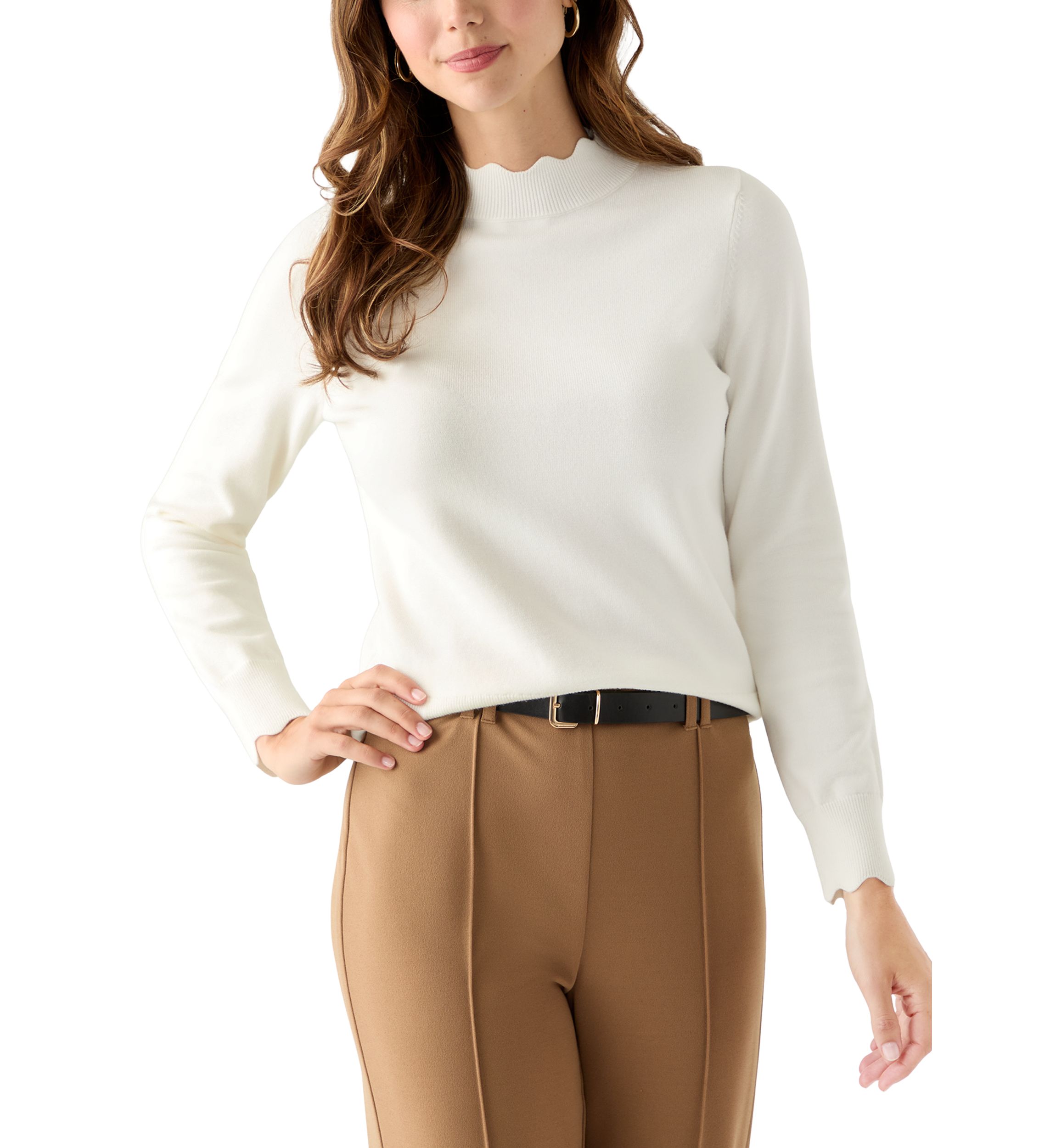Womens Scallop Mock Neck Sweater