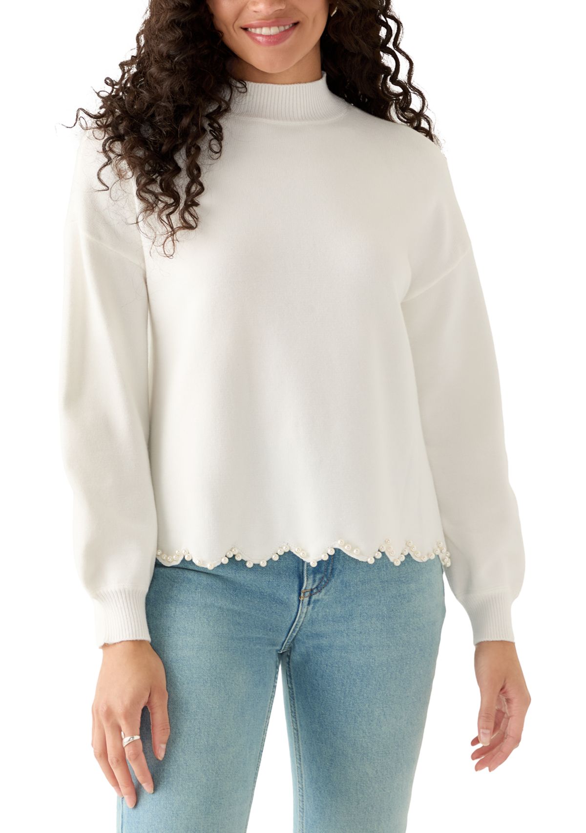 Womens Scallop Pearl Hem Sweater