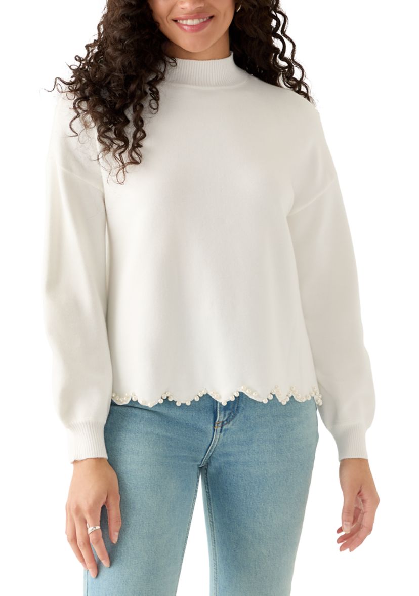 Womens Scallop Pearl Hem Sweater