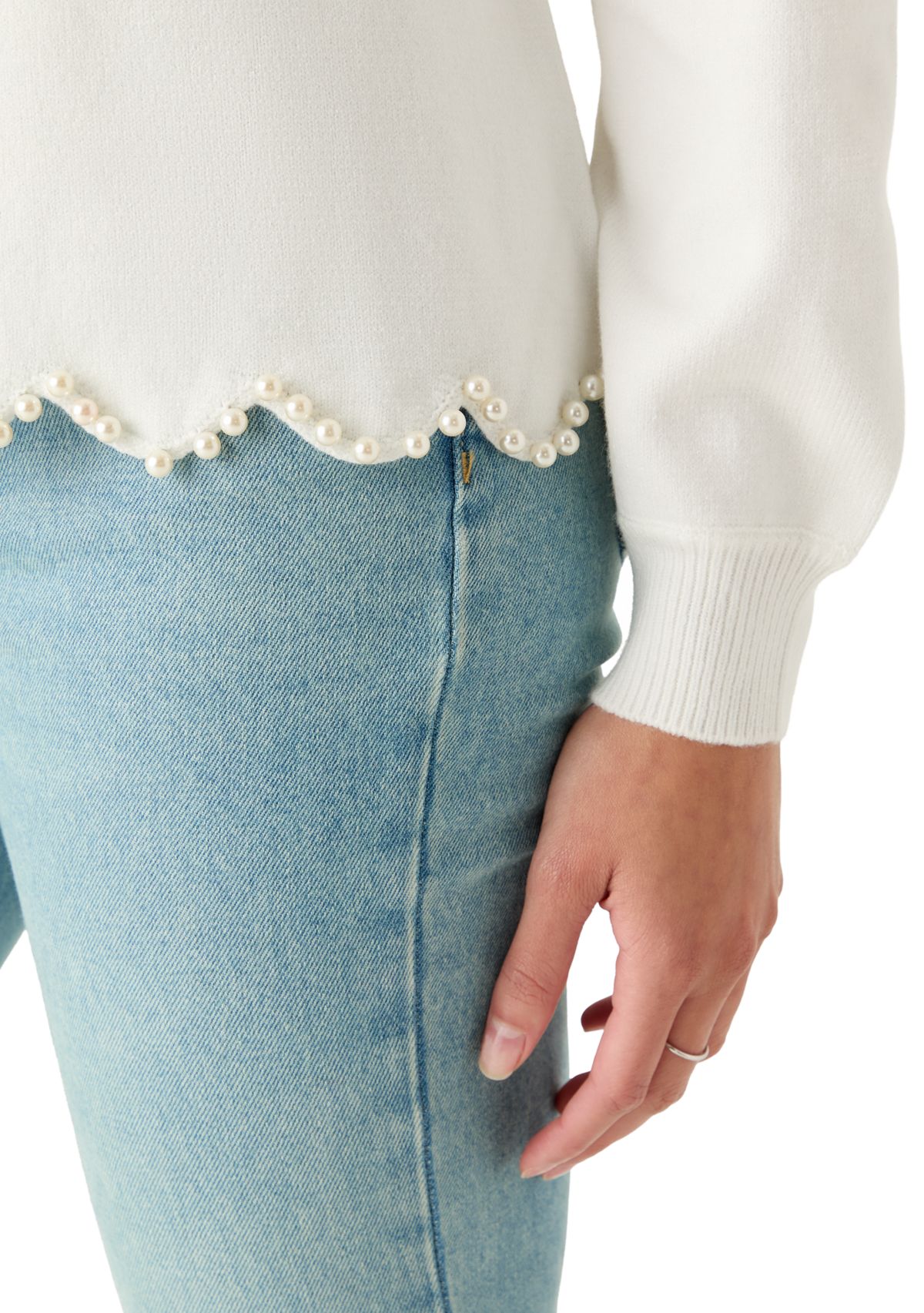 Womens Scallop Pearl Hem Sweater