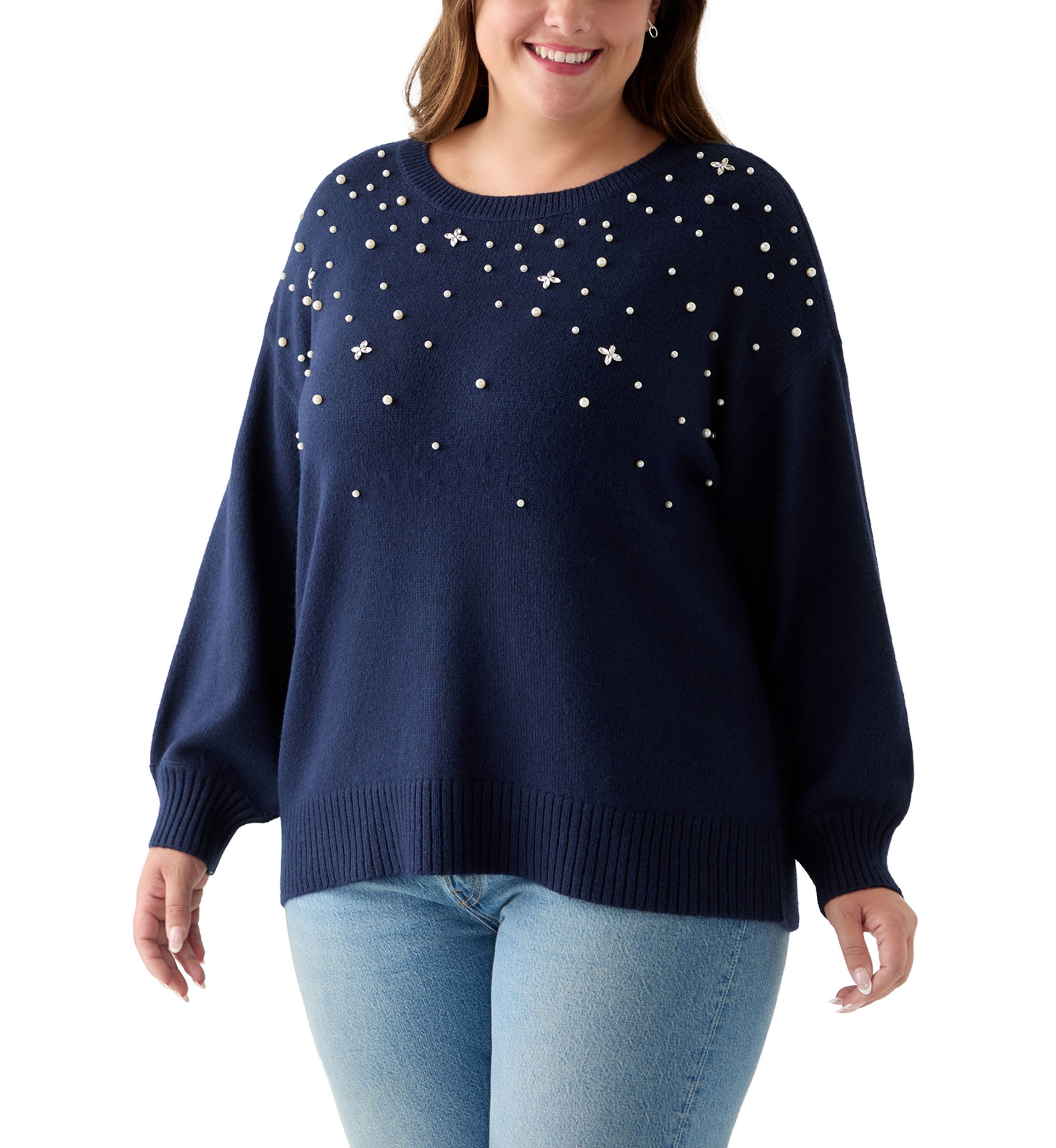  Plus Size Long Sleeve Jewel Crew Neck Sweater 