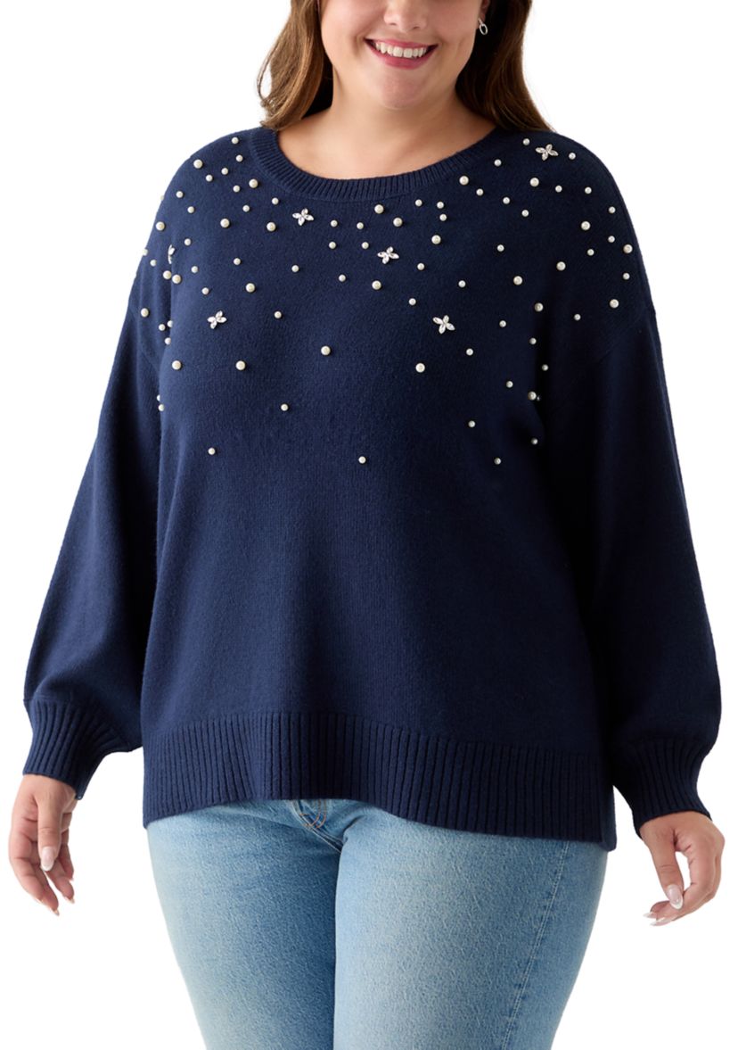  Plus Size Long Sleeve Jewel Crew Neck Sweater 