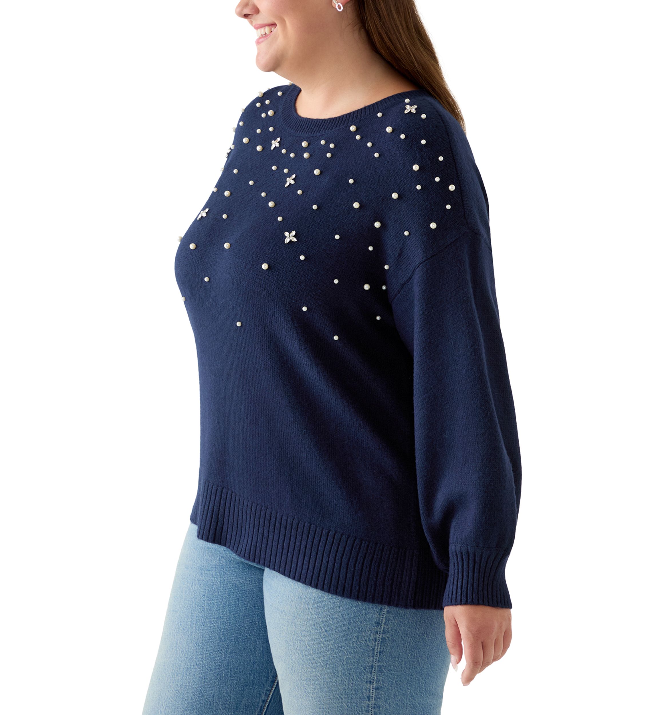  Plus Size Long Sleeve Jewel Crew Neck Sweater 