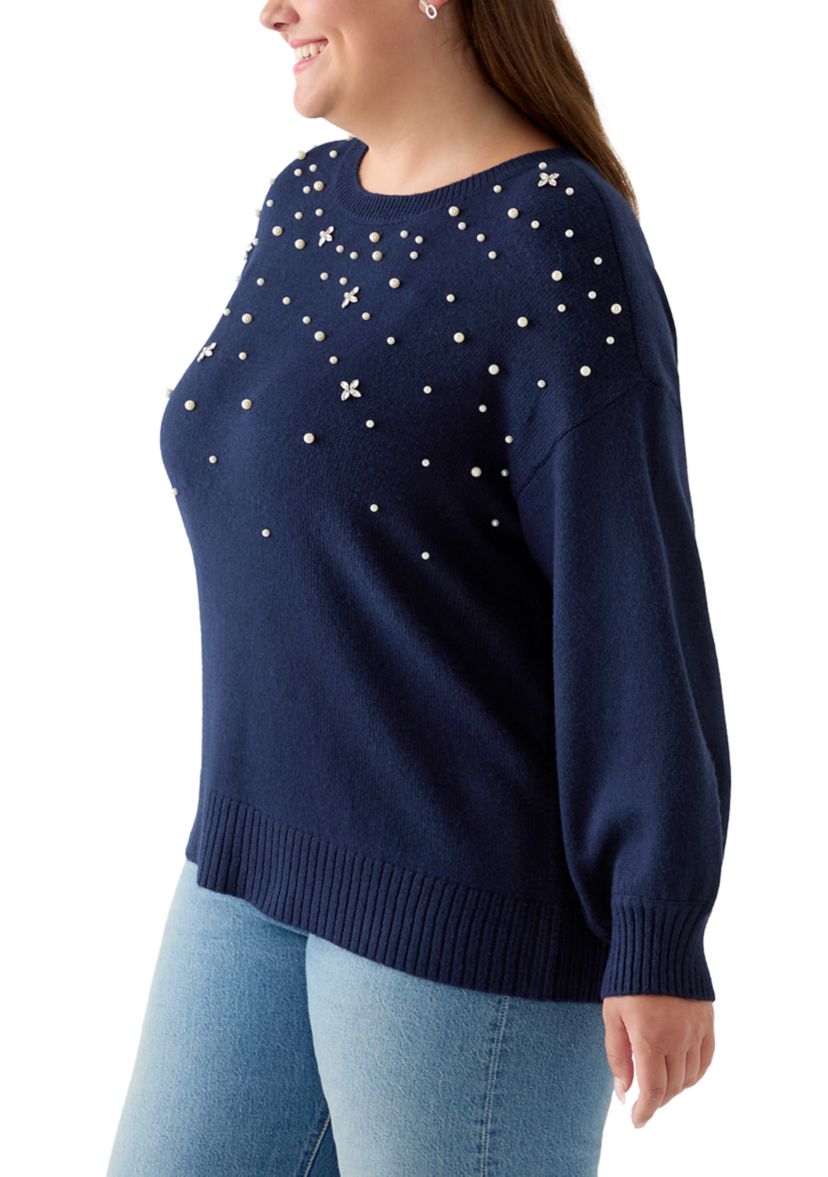  Plus Size Long Sleeve Jewel Crew Neck Sweater 