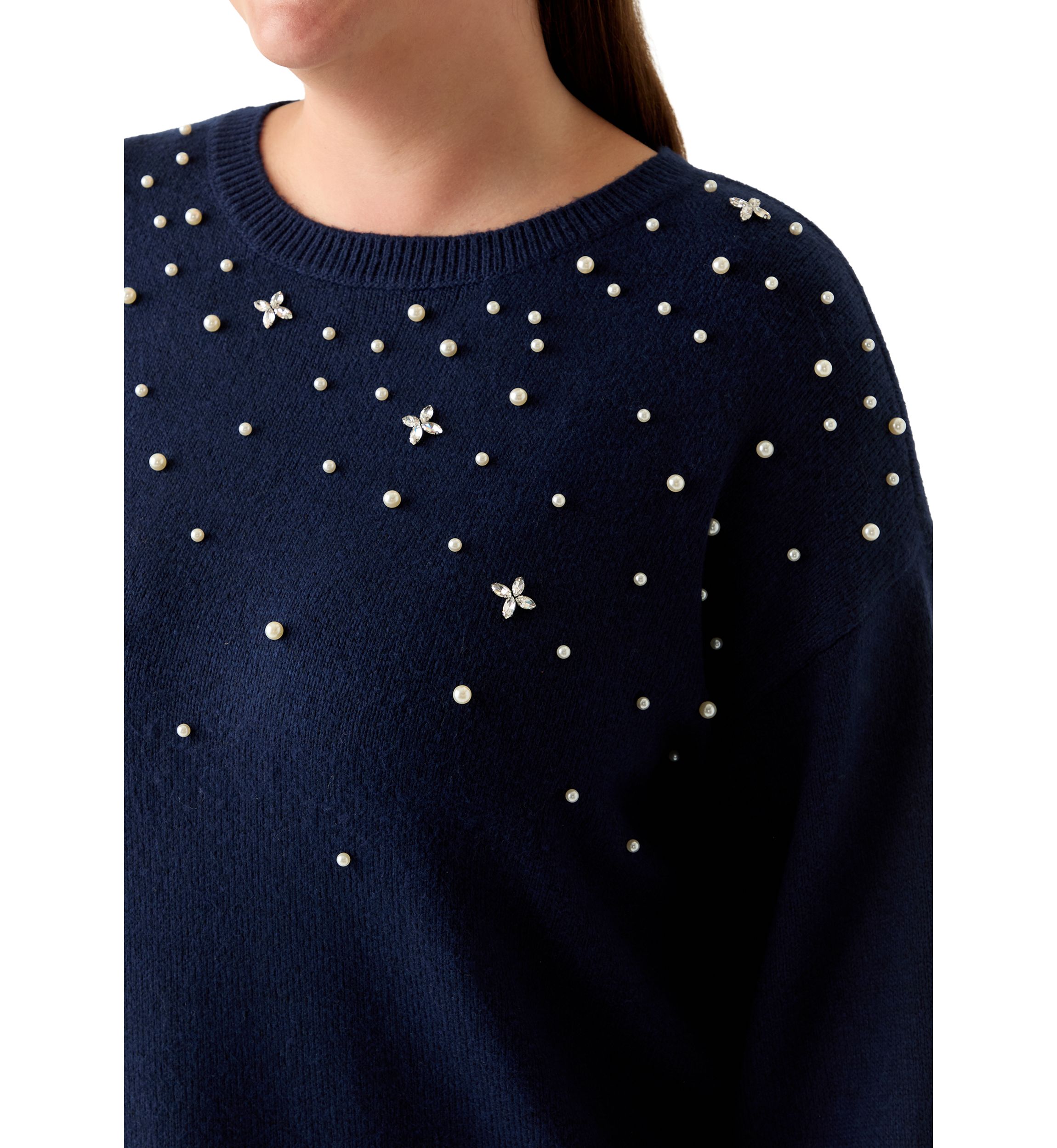  Plus Size Long Sleeve Jewel Crew Neck Sweater 