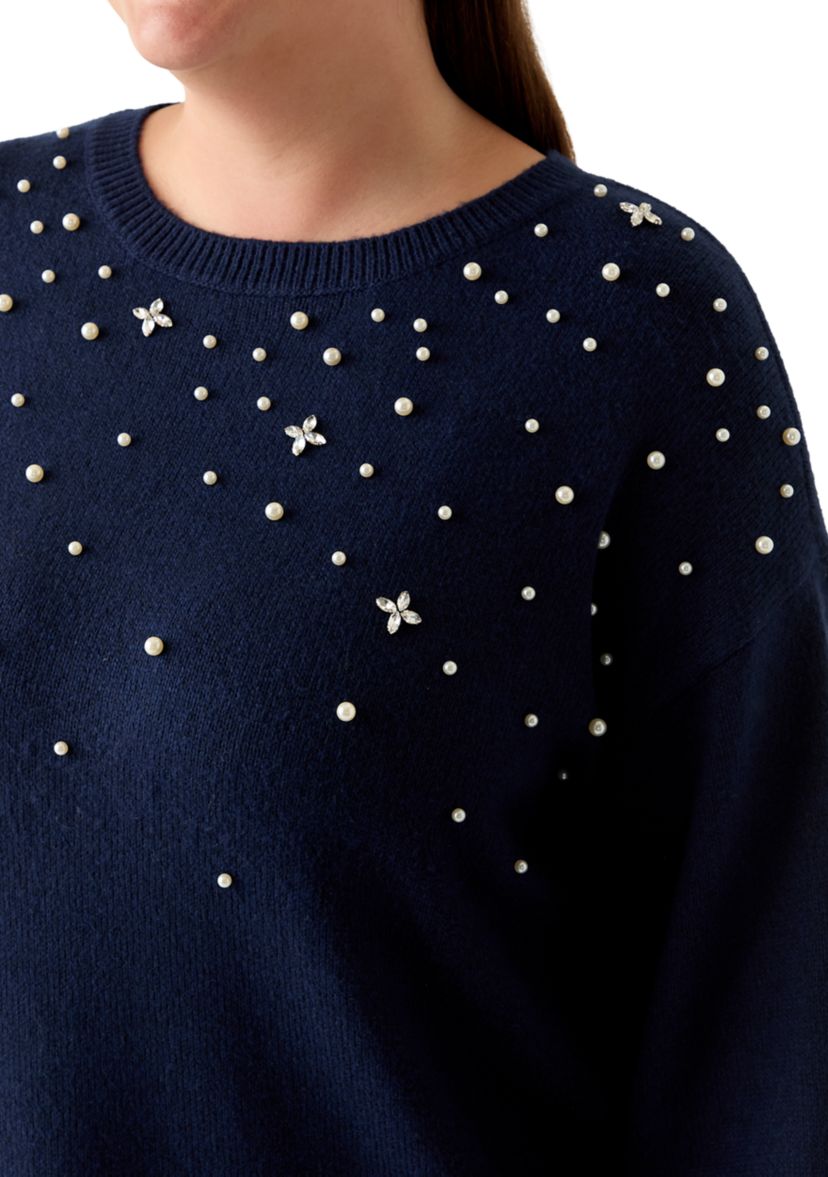  Plus Size Long Sleeve Jewel Crew Neck Sweater 