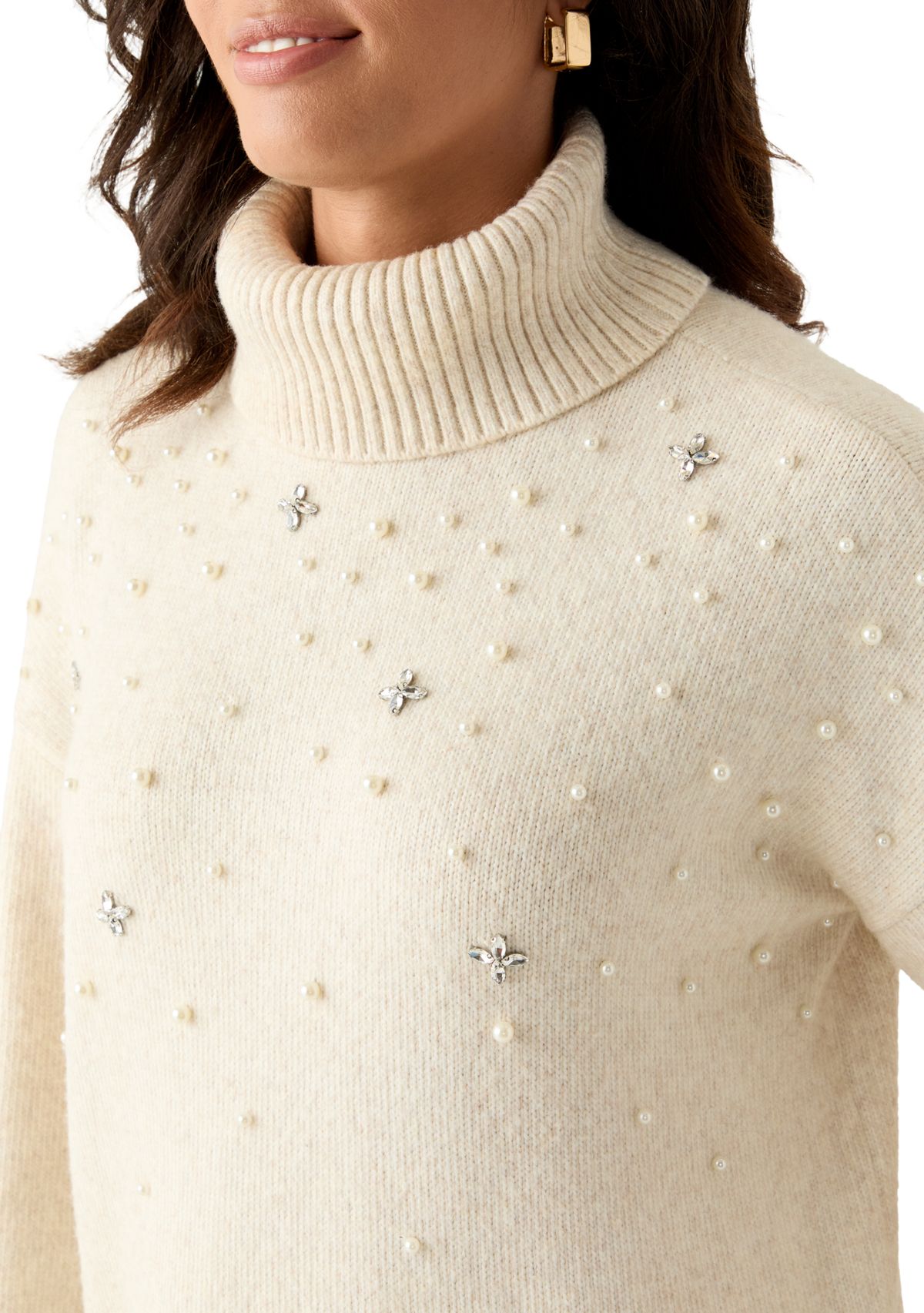 Womens Long Sleeve Jewel Turtleneck Sweater