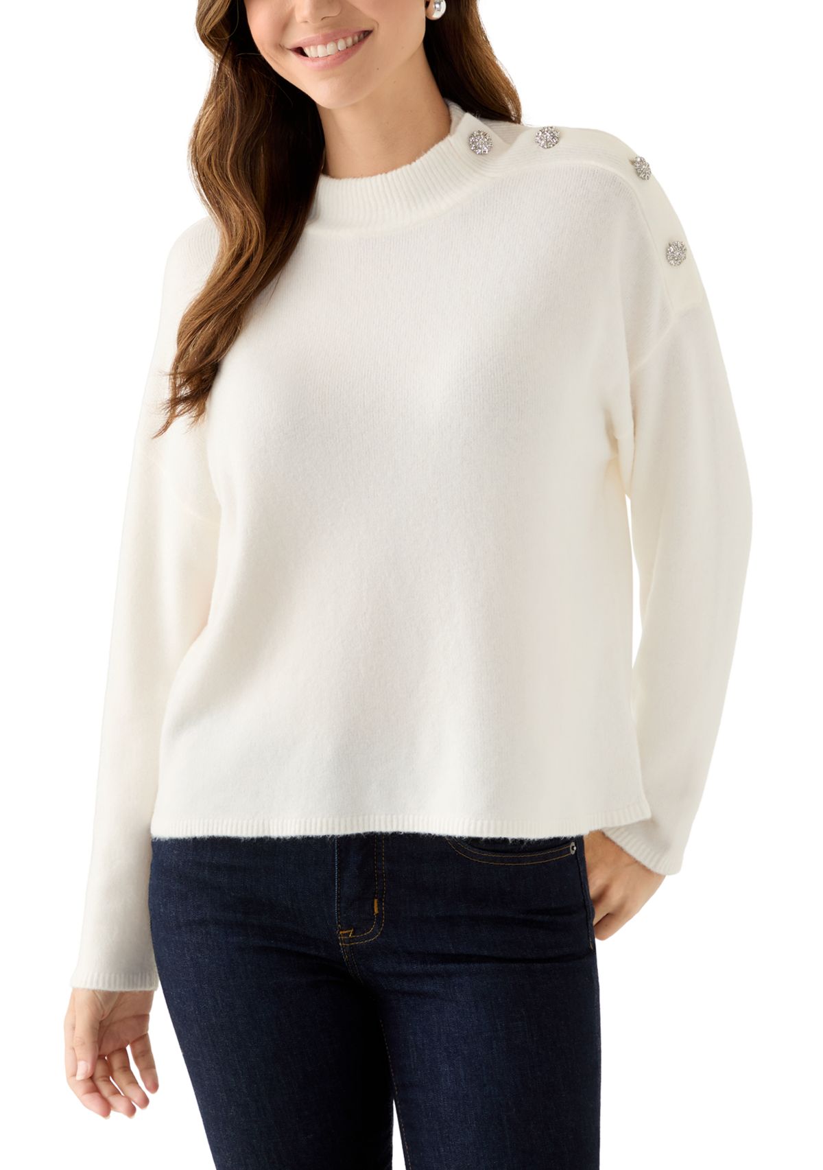 Petite Long Sleeve Button Shoulder Sweater