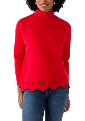 Crown & Ivy Women's Mock Neck Trim Detail Sweater, Red, XXL