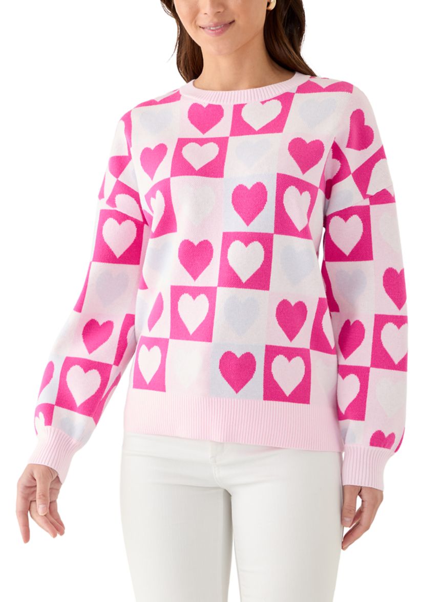 Petite Checkered Heart Print Sweater