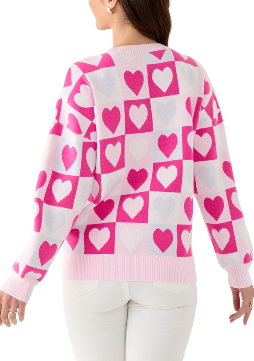 Petite Checkered Heart Print Sweater