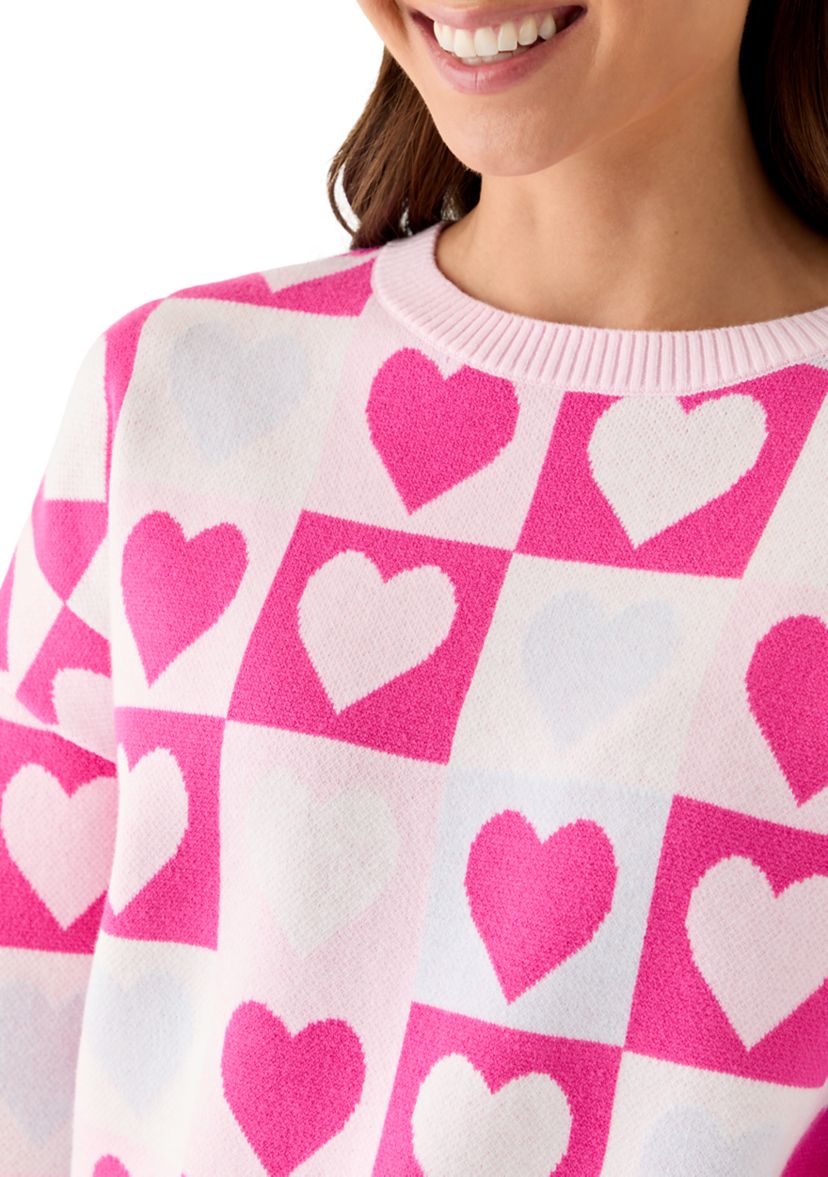 Petite Checkered Heart Print Sweater