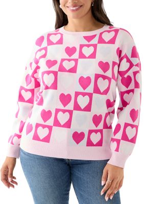 Crown & Ivy Women's Plus Size Heart Block Crew Neck Sweater