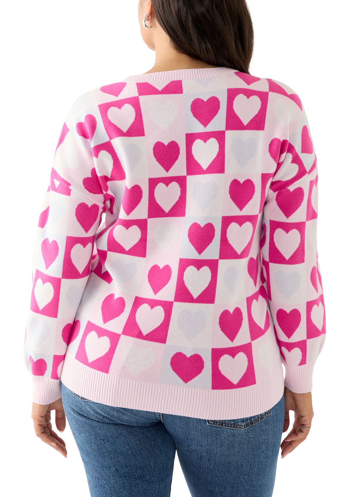 Plus Size Heart Block Crew Neck Sweater